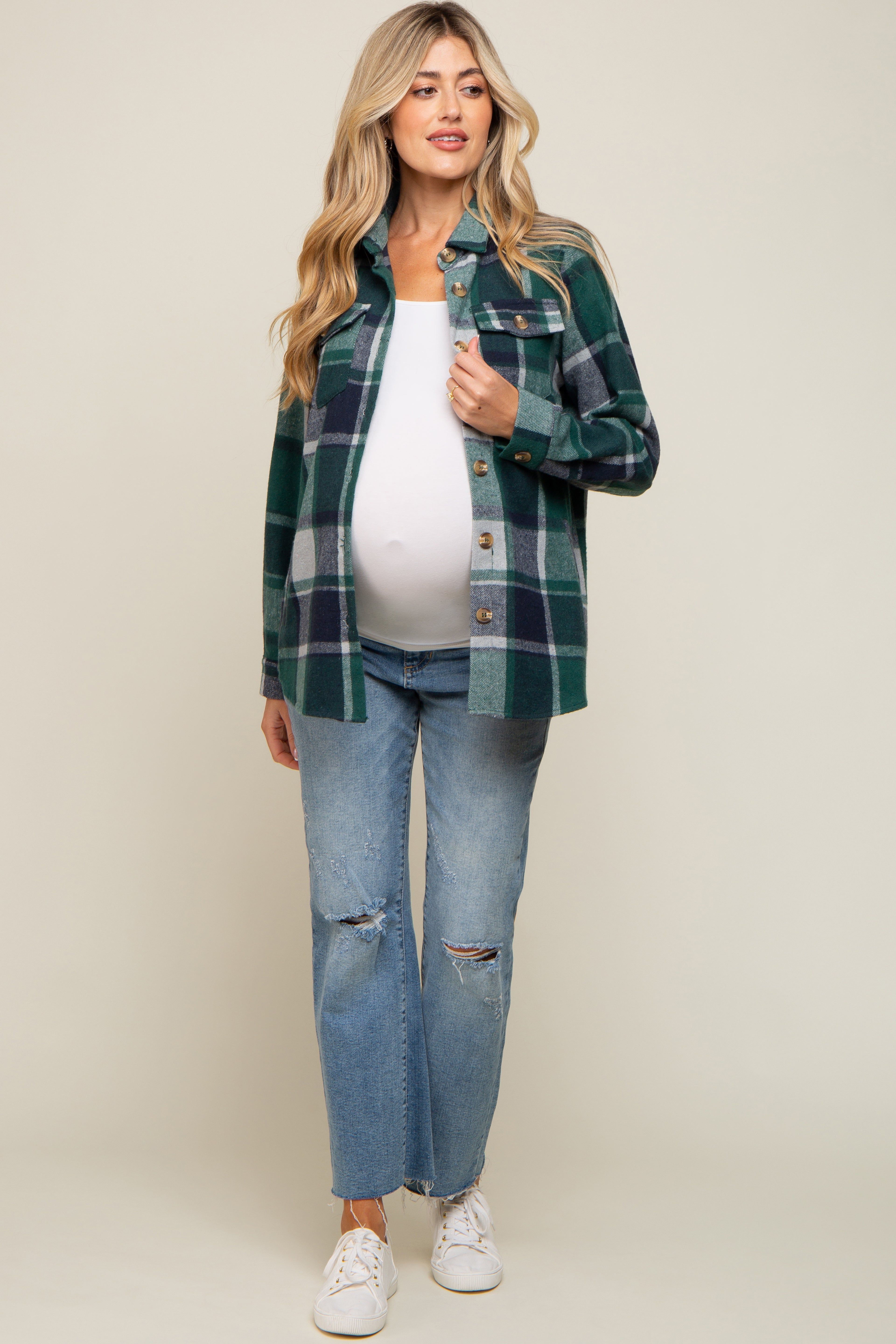 Green Plaid Maternity Shirt Jacket sold by Pinkblush product image thumbnail 4