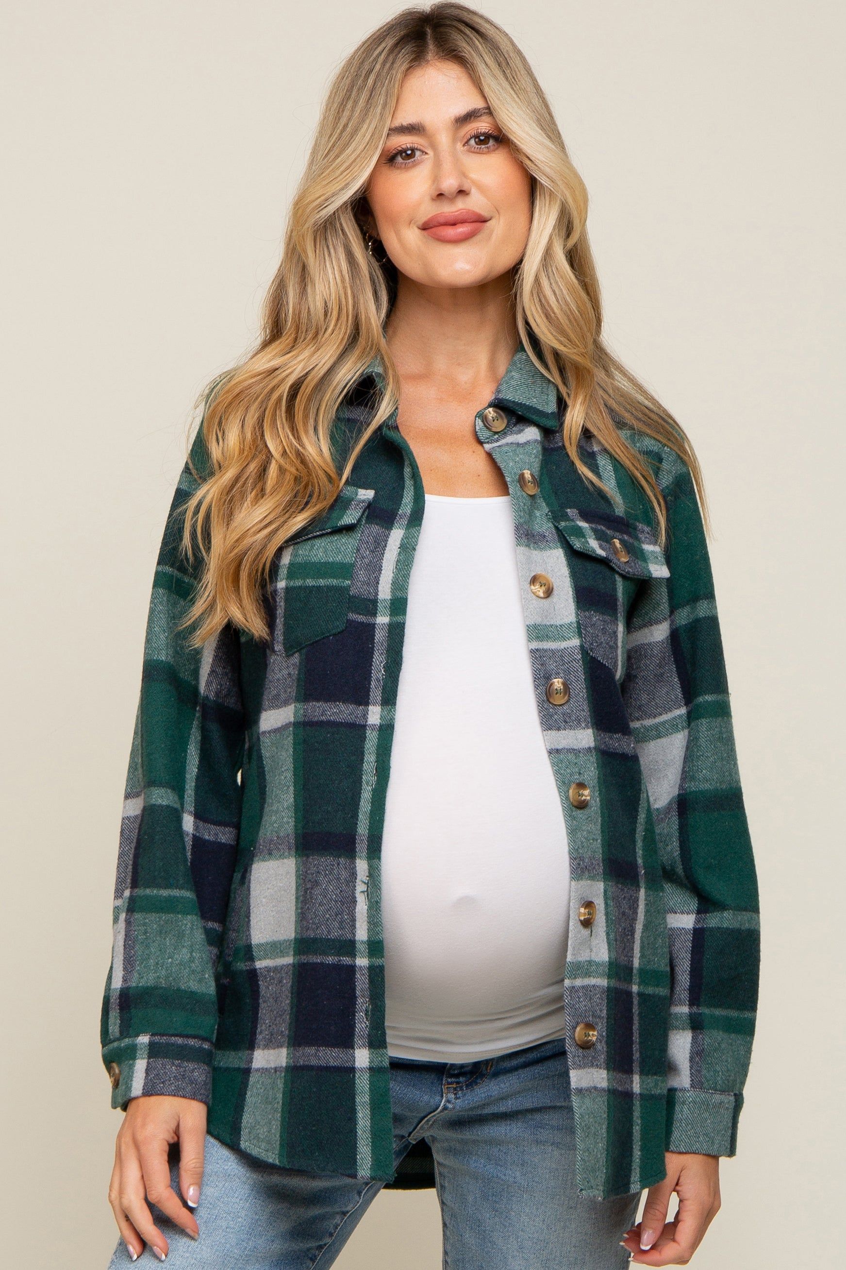 Green Plaid Maternity Shirt Jacket sold by Pinkblush