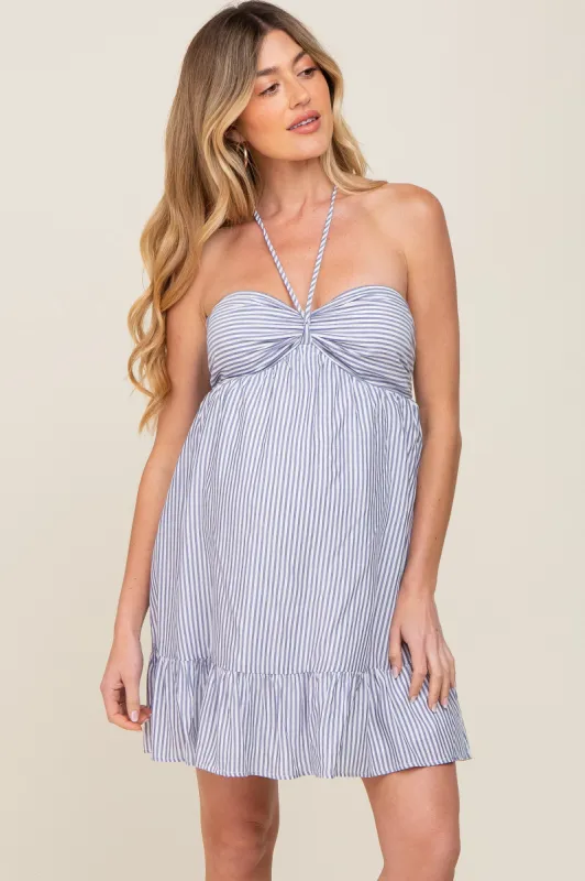 Blue Striped Maternity Halter Dress sold by Pinkblush