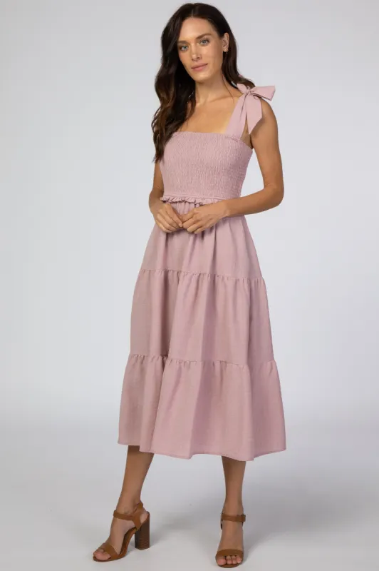 Mauve Bow Strap Tiered Midi Dress sold by Pinkblush