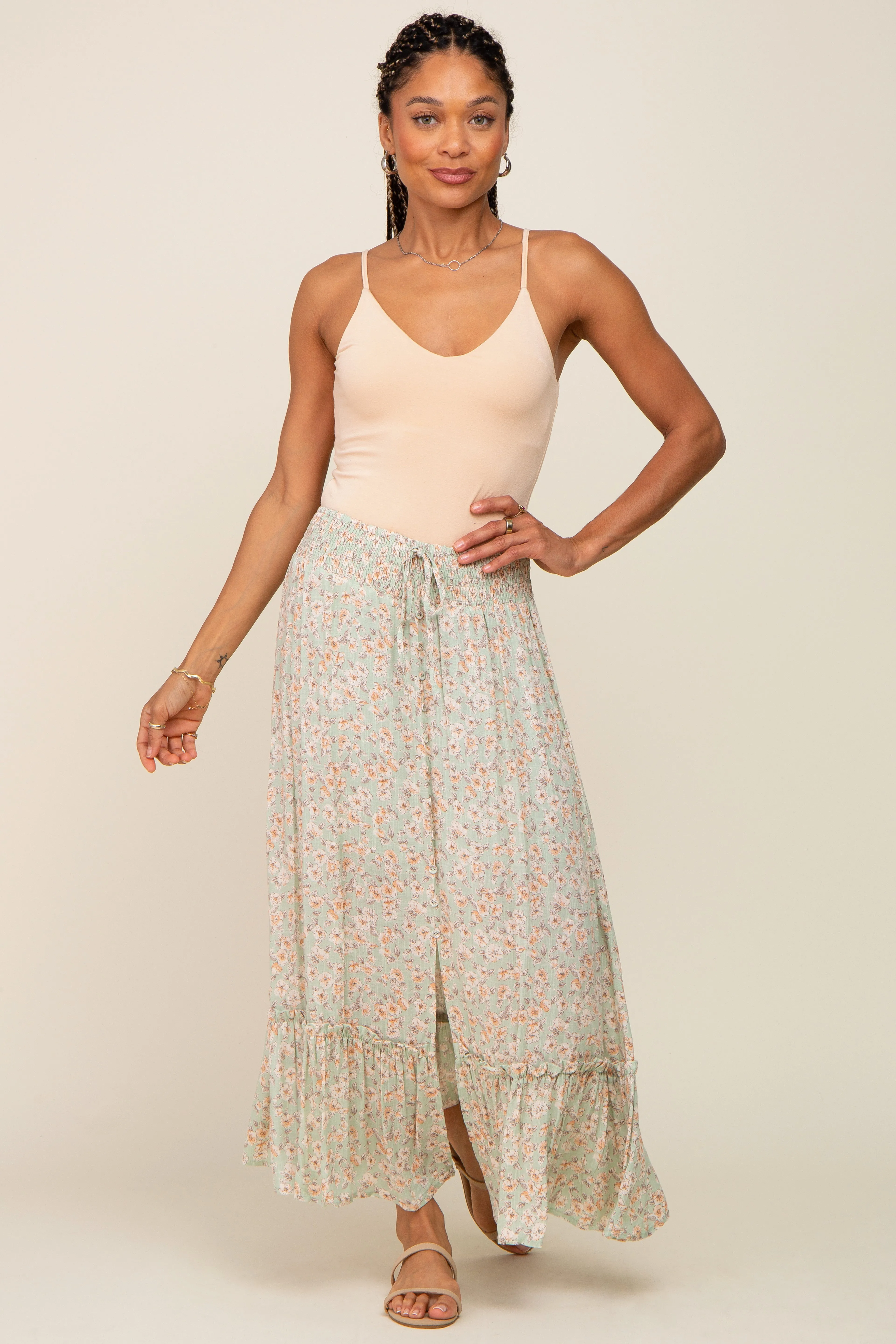 Mint Floral Button Ruffle Maxi Skirt sold by Pinkblush product image thumbnail 5