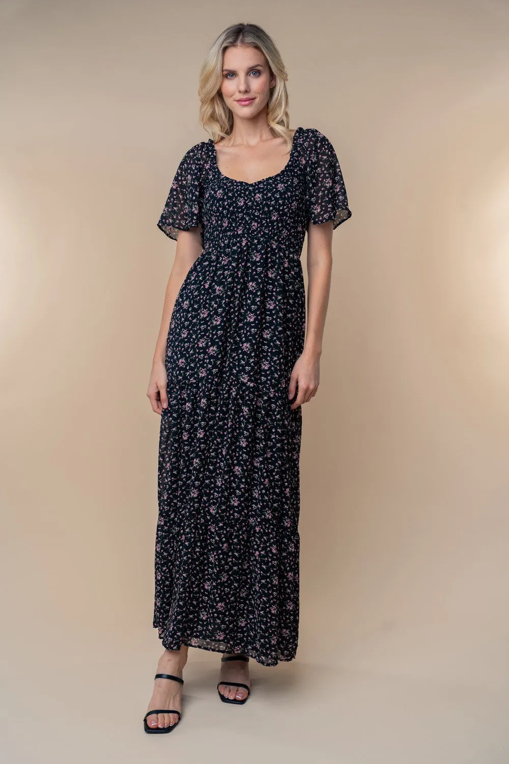 Black Floral Chiffon Smocked Maxi Dress sold by Pinkblush product image thumbnail 5