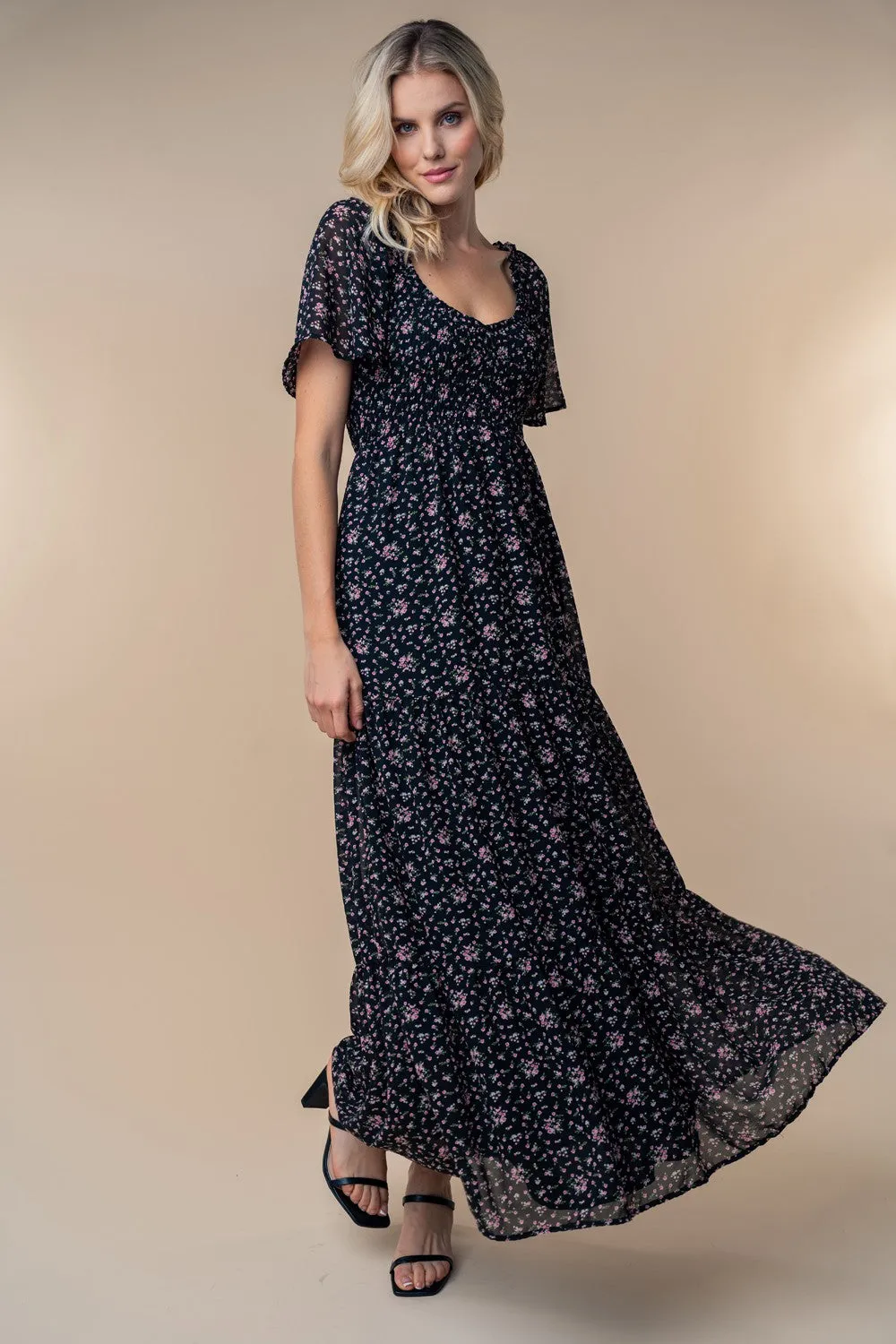 Black Floral Chiffon Smocked Maxi Dress sold by Pinkblush product image thumbnail 2