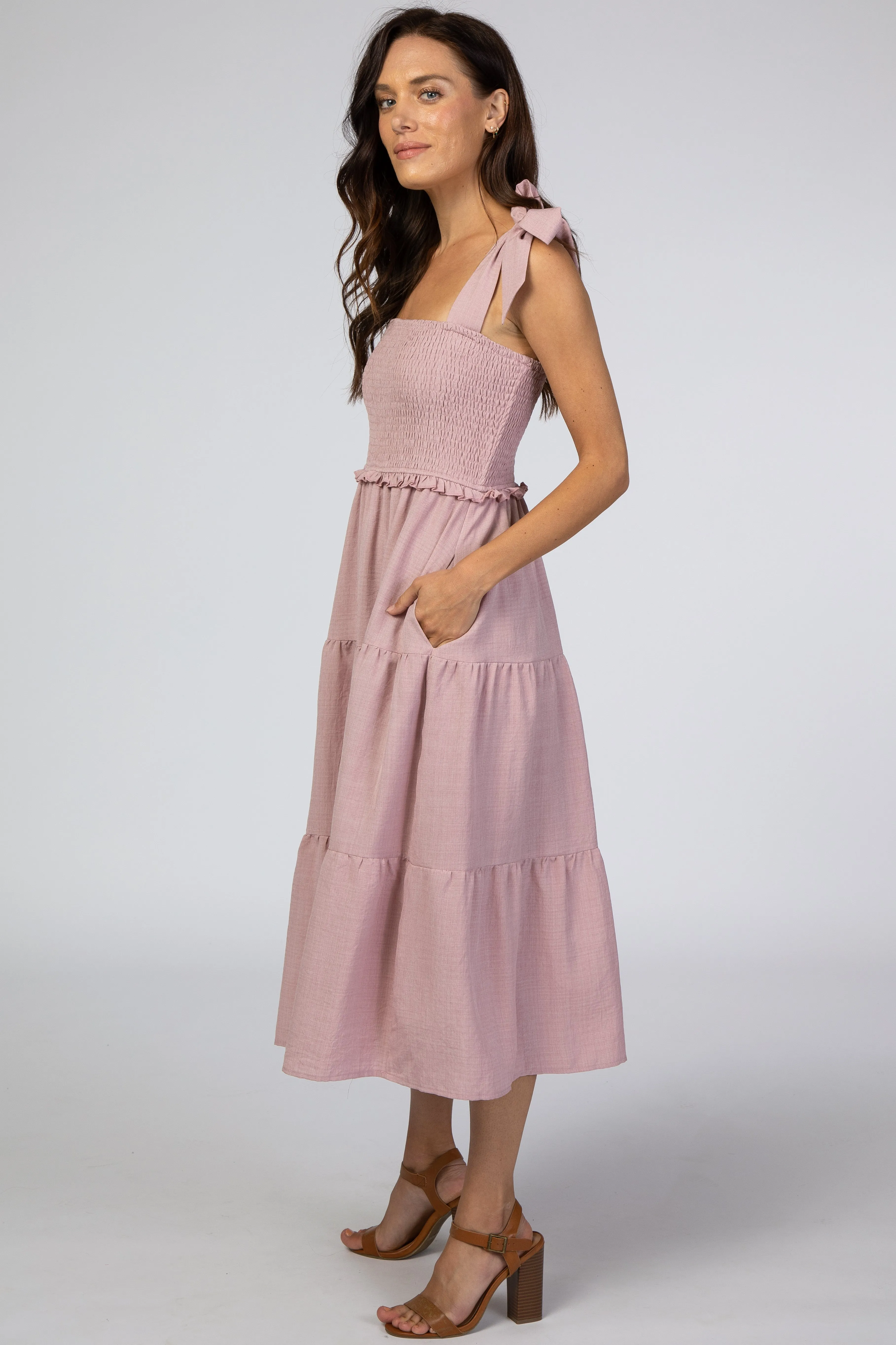 Mauve Bow Strap Tiered Midi Dress sold by Pinkblush product image thumbnail 2
