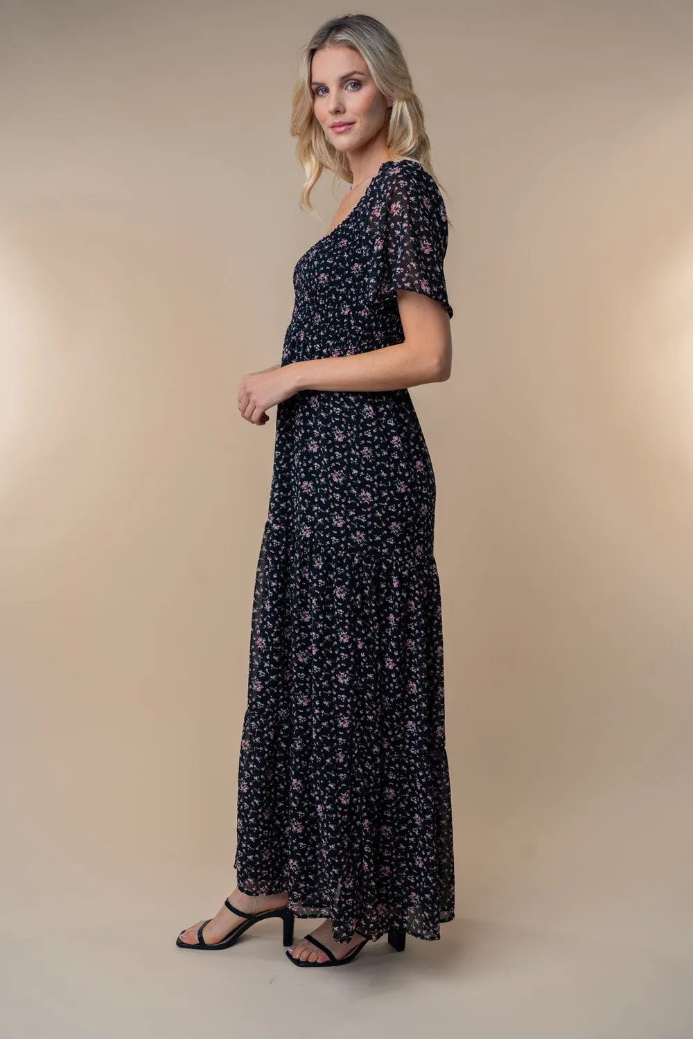 Black Floral Chiffon Smocked Maxi Dress sold by Pinkblush product image thumbnail 3