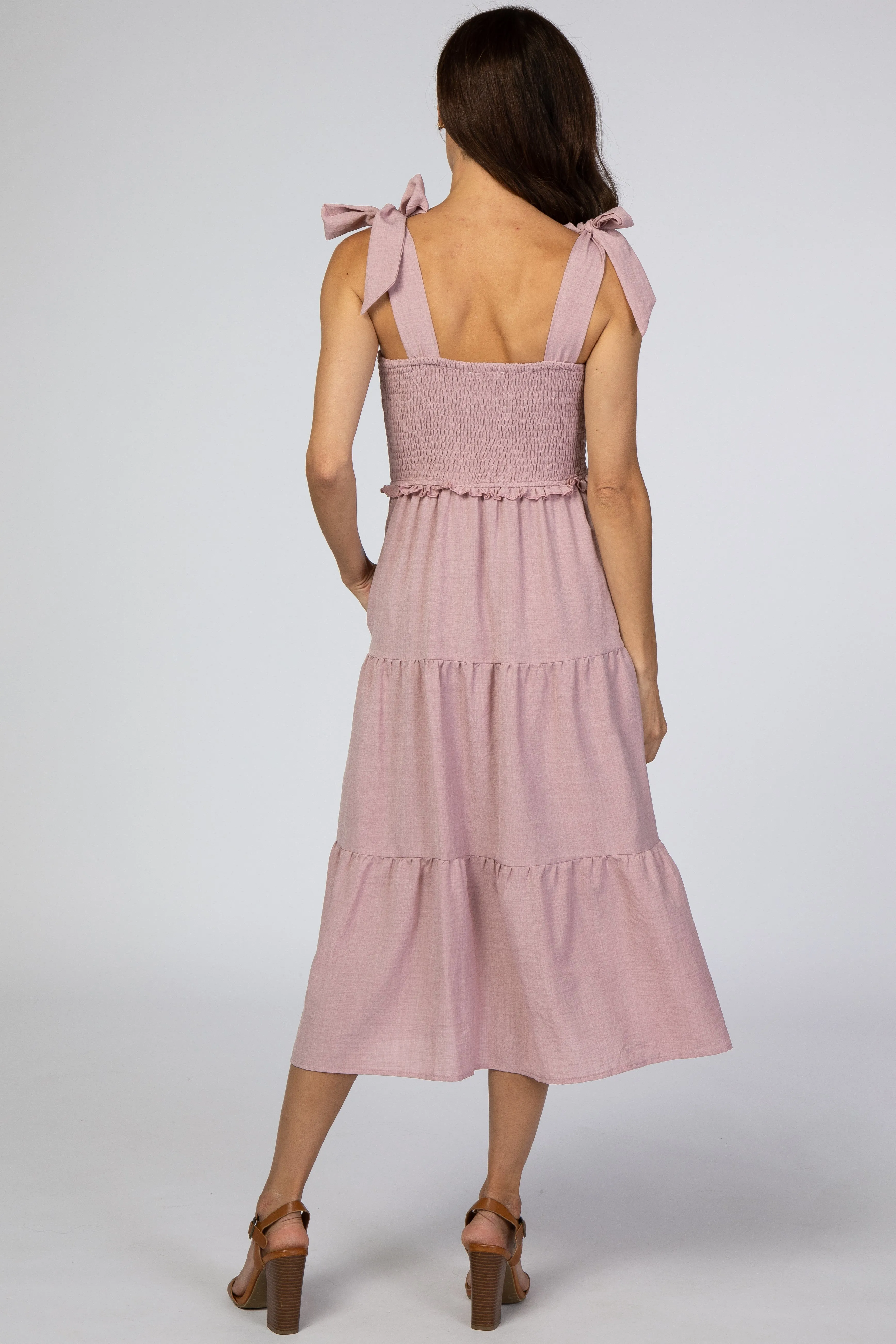 Mauve Bow Strap Tiered Midi Dress sold by Pinkblush product image thumbnail 3
