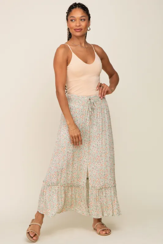 Mint Floral Button Ruffle Maxi Skirt sold by Pinkblush