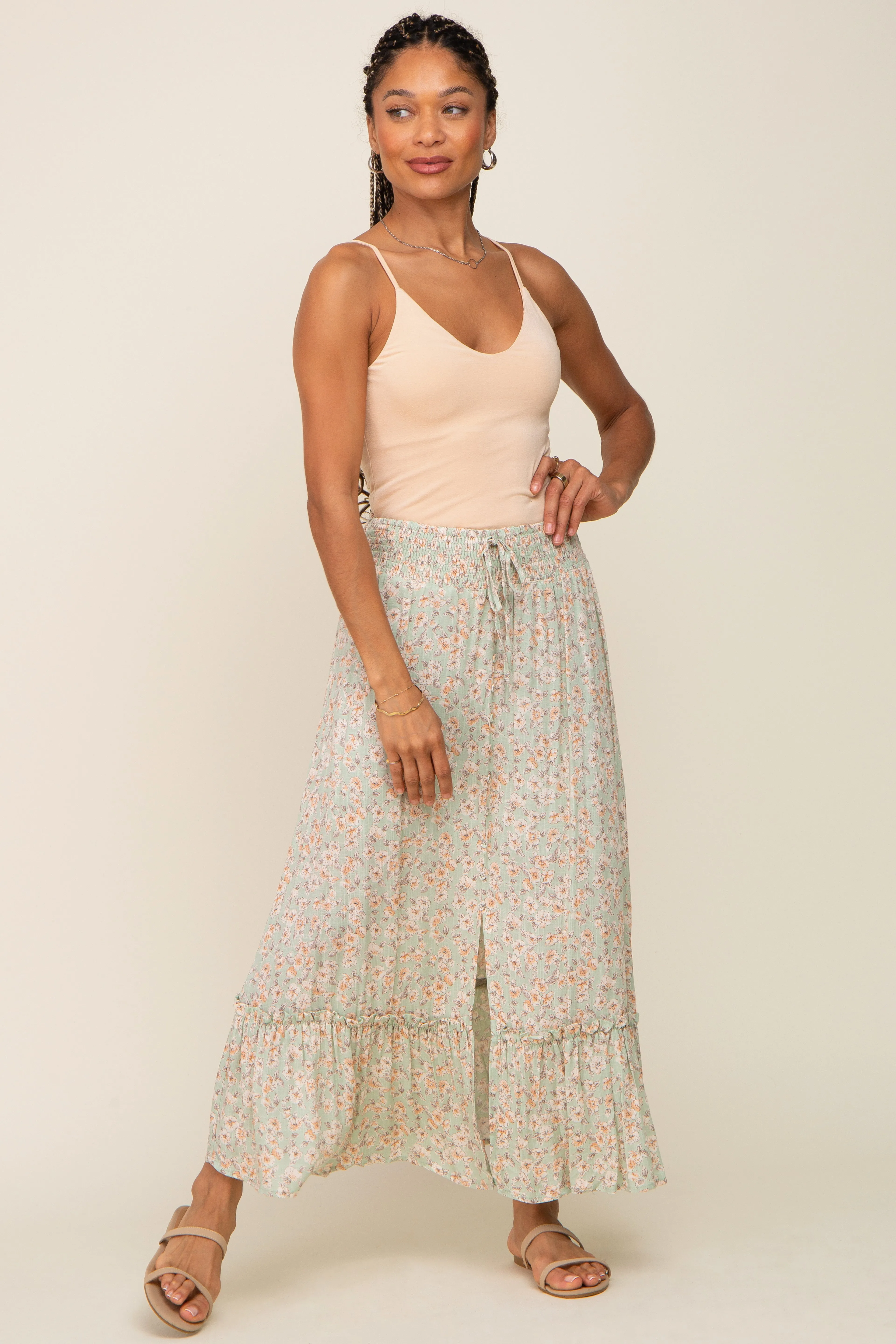 Mint Floral Button Ruffle Maxi Skirt sold by Pinkblush