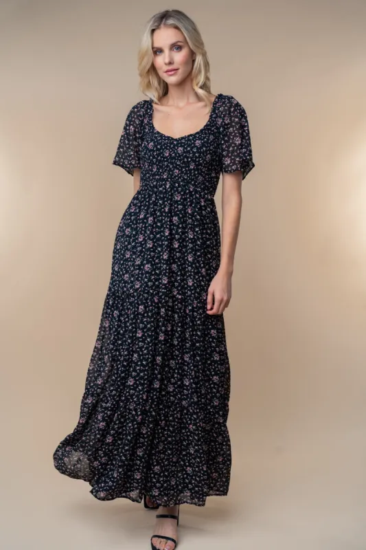Black Floral Chiffon Smocked Maxi Dress sold by Pinkblush