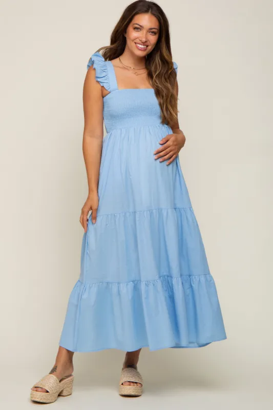 Light Blue Sleeveless Tiered Maternity Maxi Dress sold by Pinkblush