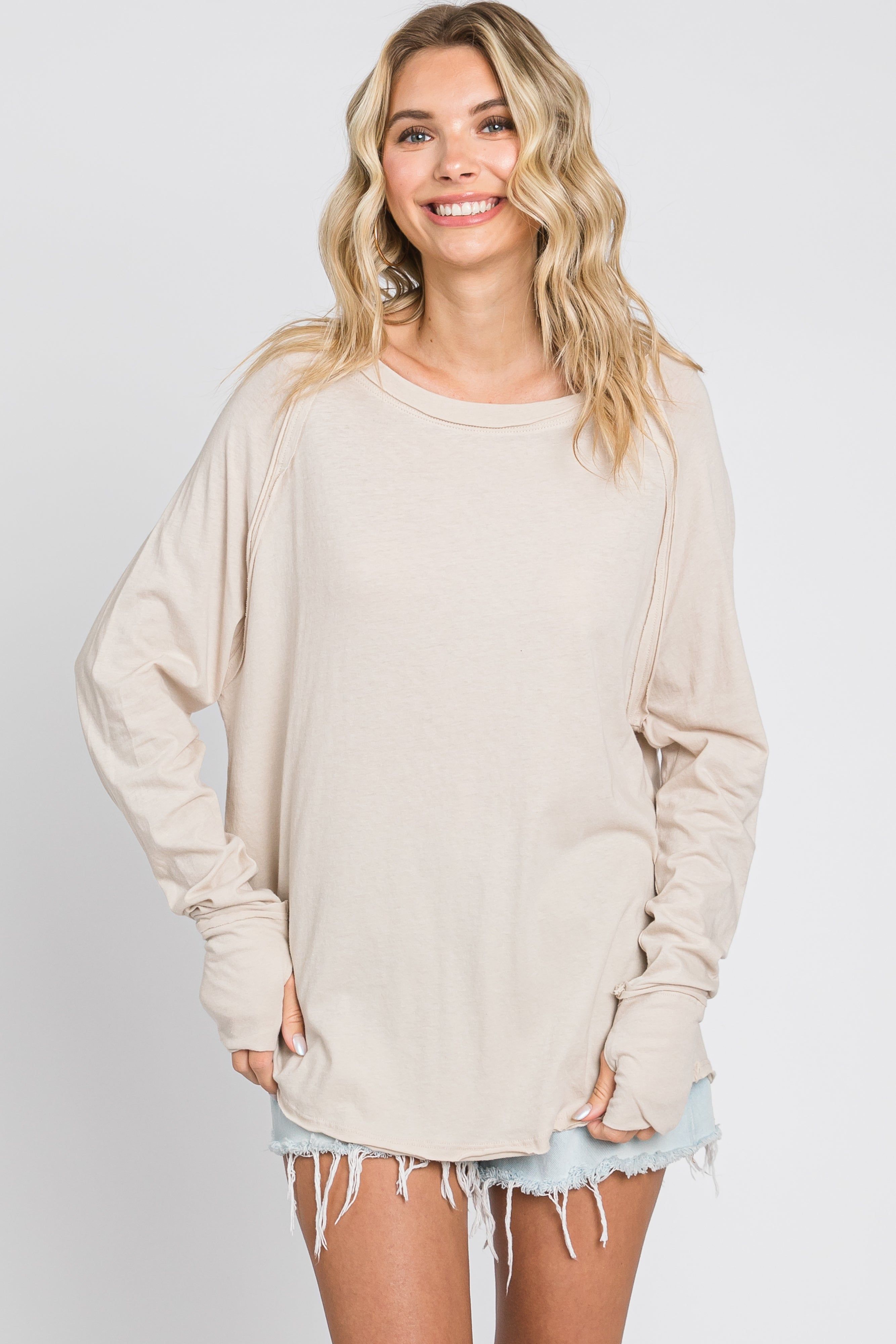 Beige Exposed Seam Long Sleeve Top sold by Pinkblush