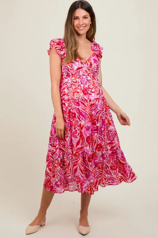 Fuchsia Floral Flutter Sleeve Maternity Dress sold by Pinkblush