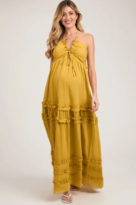 Yellow Ruffle Ruched Deep V-Neck Maternity Maxi Dress sold by Pinkblush