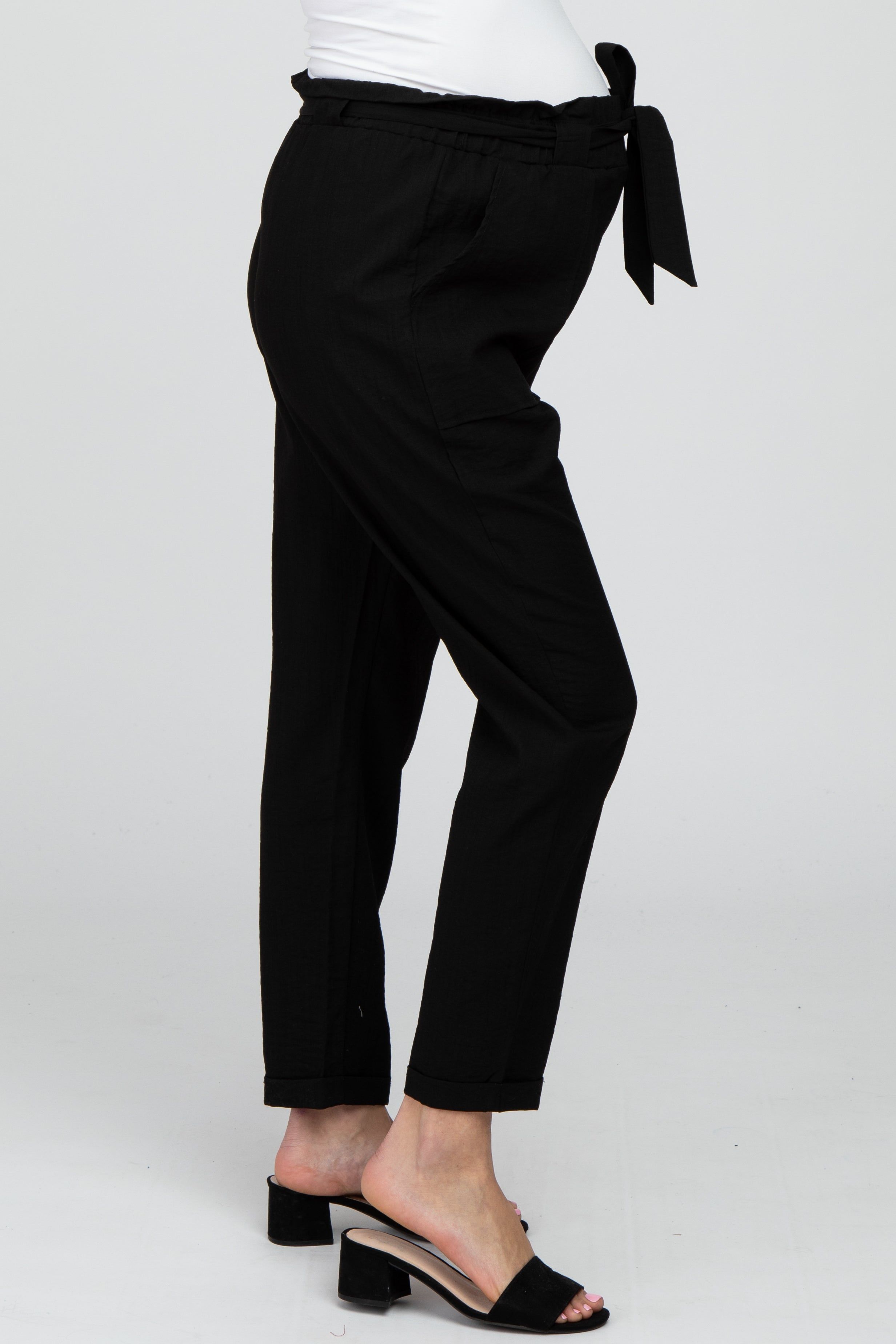 Black Paper Bag Waist Cropped Maternity Pants sold by Pinkblush product image thumbnail 4