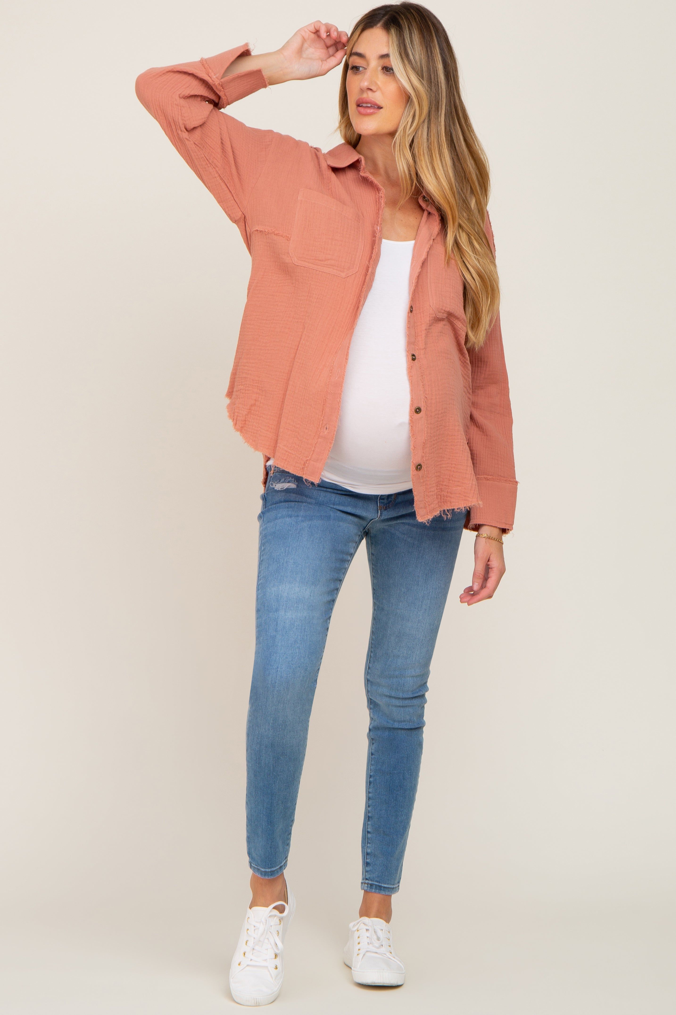 Peach Button Down Collared Frayed Maternity Top sold by Pinkblush product image thumbnail 4