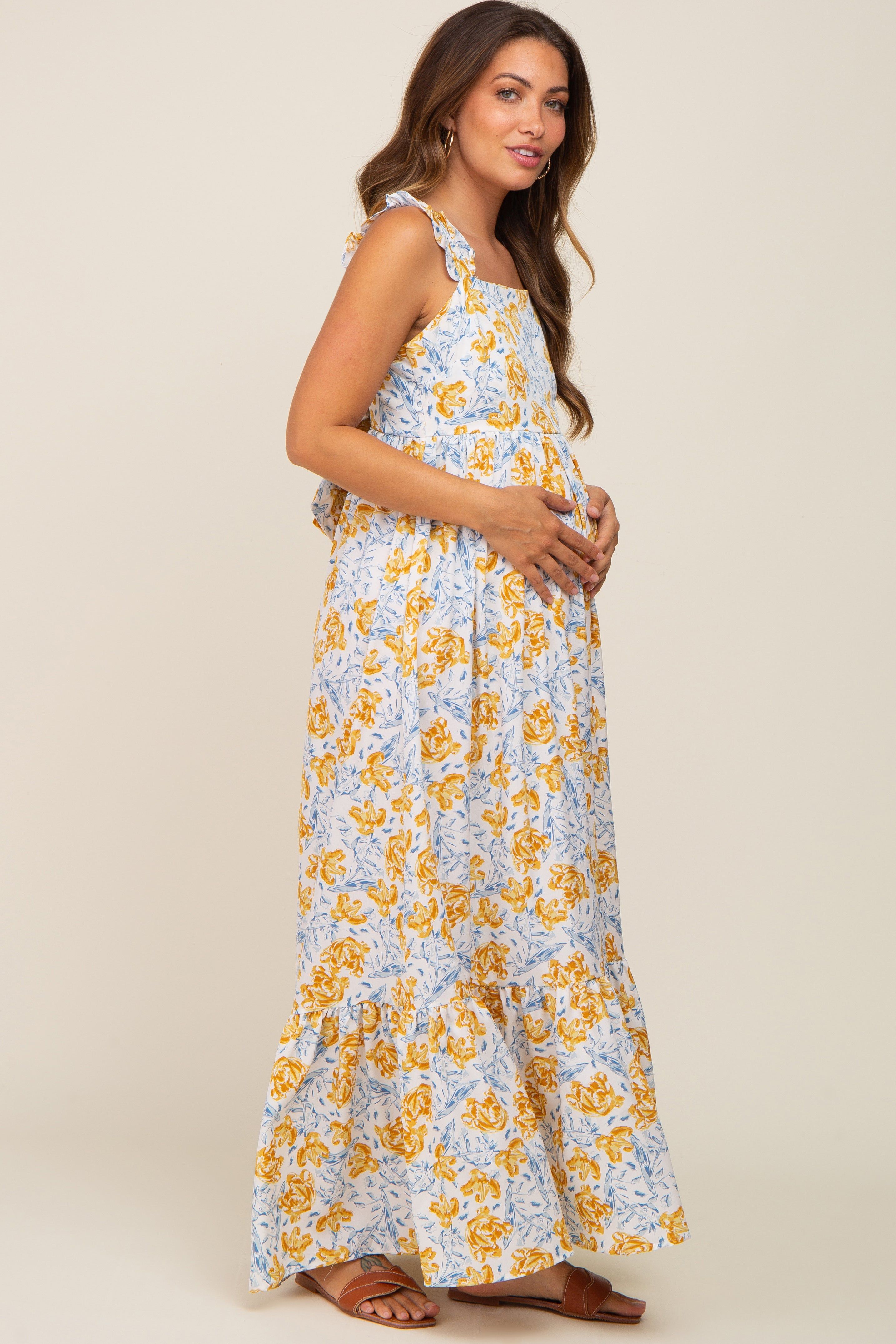 Ivory Floral Sleeveless Ruffle Maternity Maxi Dress sold by Pinkblush product image thumbnail 2