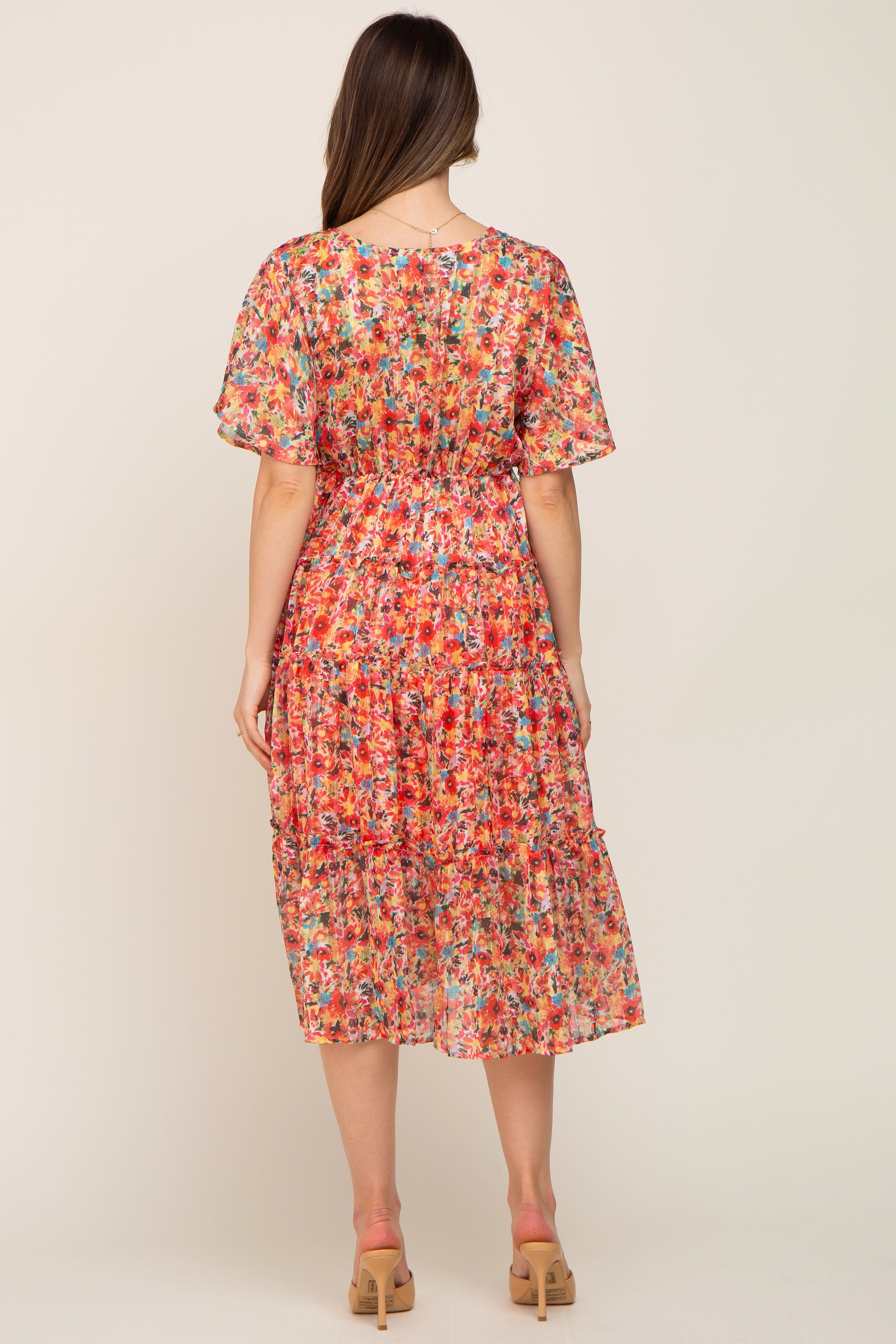 Orange Metallic Striped Chiffon Ruffle Tiered Maternity Midi Dress sold by Pinkblush product image thumbnail 4