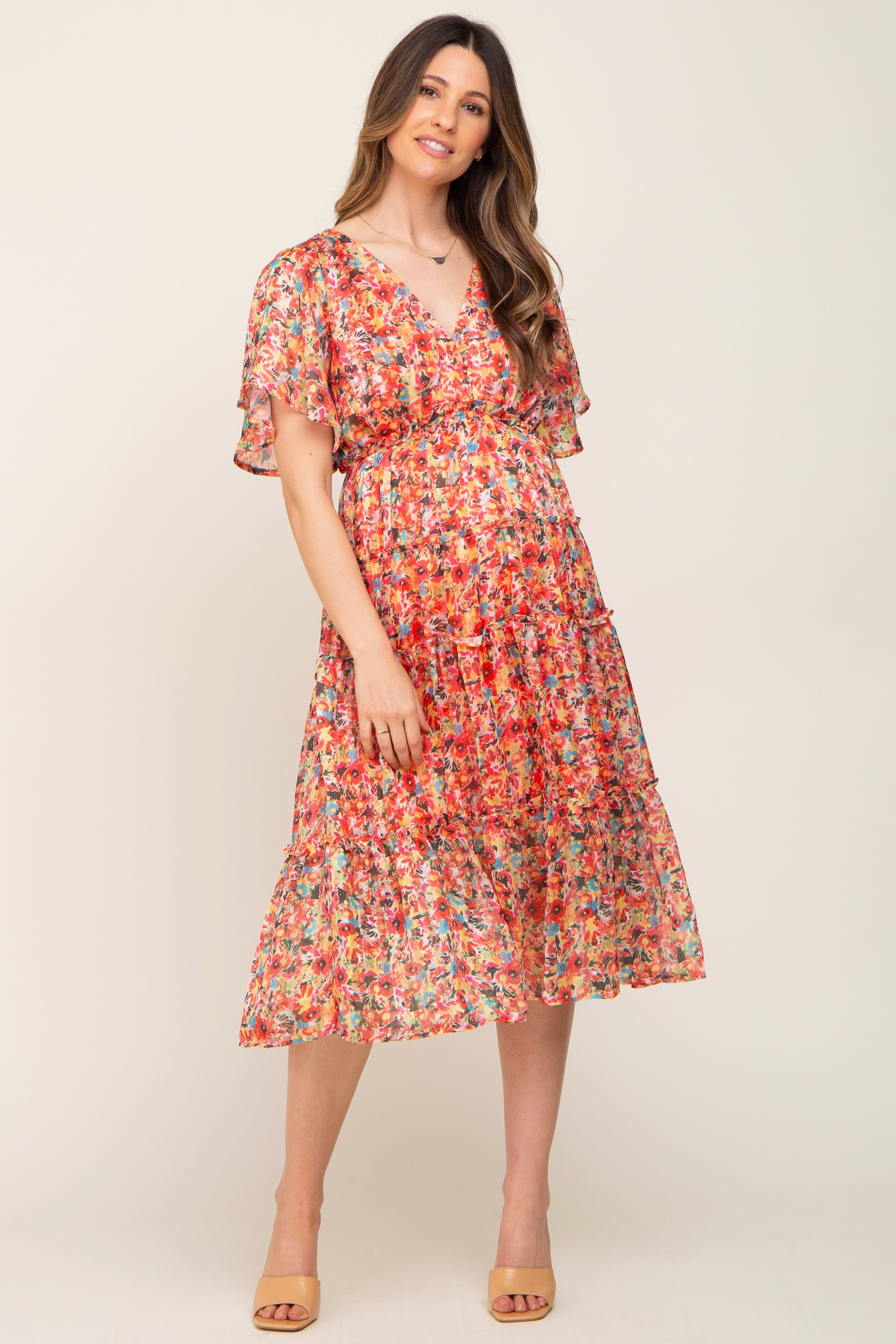 Orange Metallic Striped Chiffon Ruffle Tiered Maternity Midi Dress sold by Pinkblush product image thumbnail 2