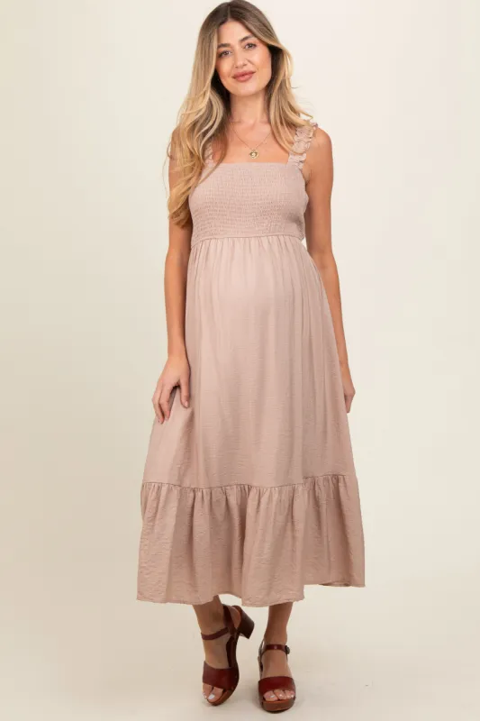 Taupe Smocked Bodice Maternity Maxi Dress sold by Pinkblush