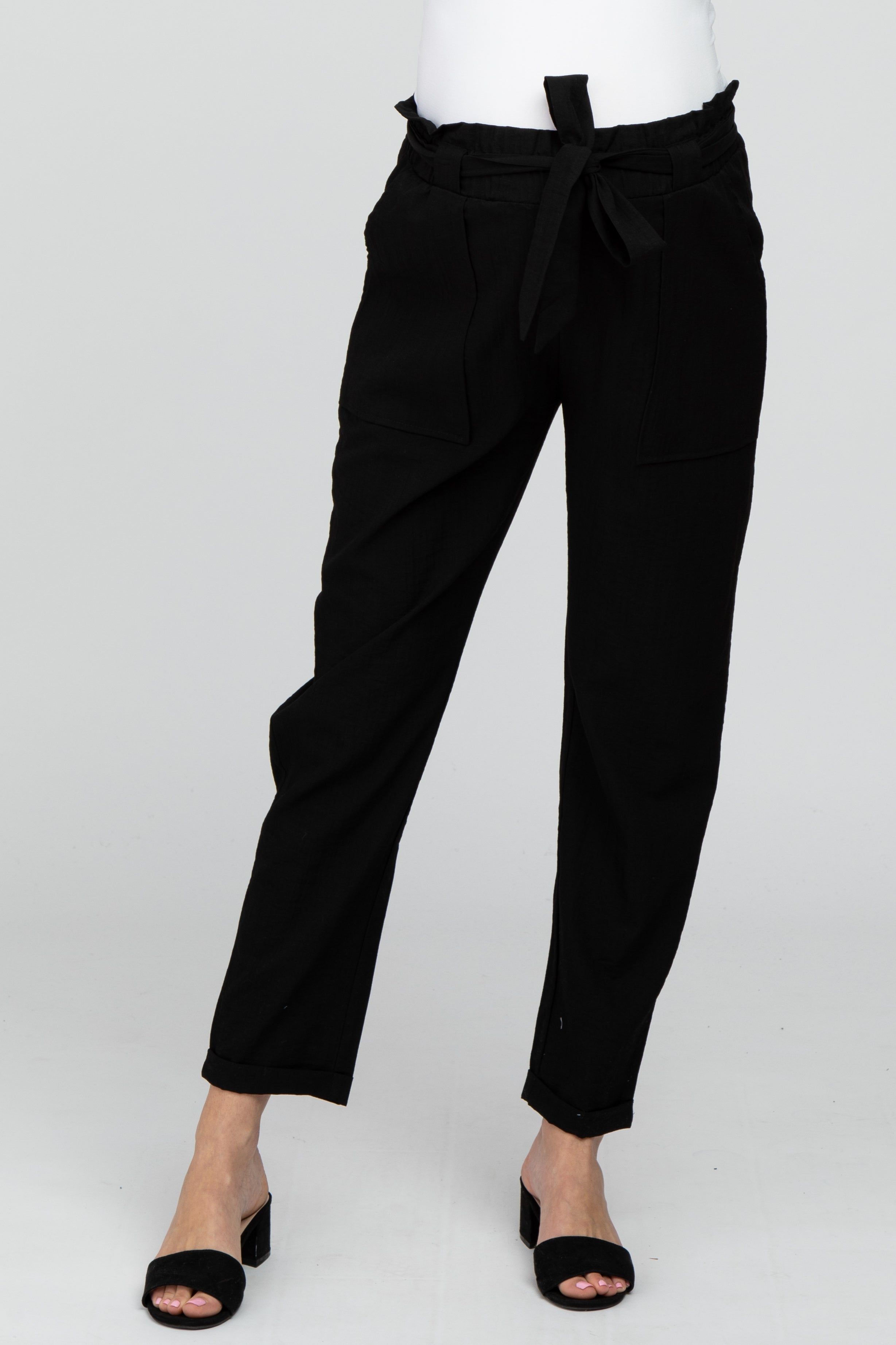 Black Paper Bag Waist Cropped Maternity Pants sold by Pinkblush product image thumbnail 3