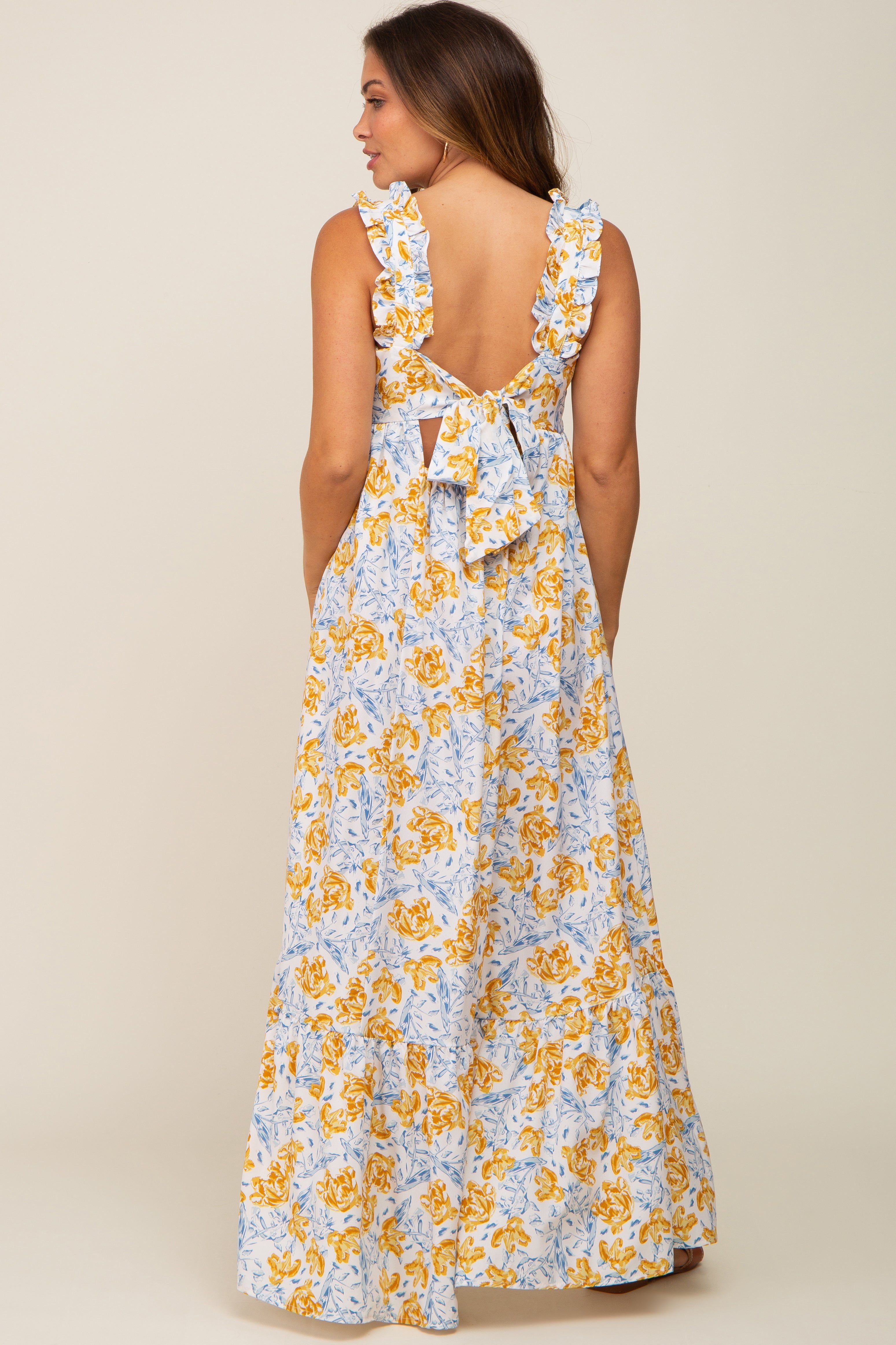 Ivory Floral Sleeveless Ruffle Maternity Maxi Dress sold by Pinkblush product image thumbnail 3