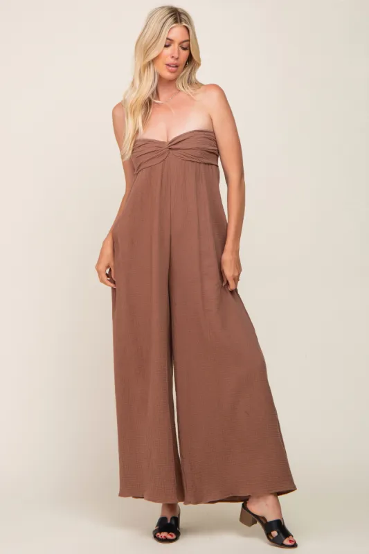 Mocha Strapless Front Twist Jumpsuit sold by Pinkblush