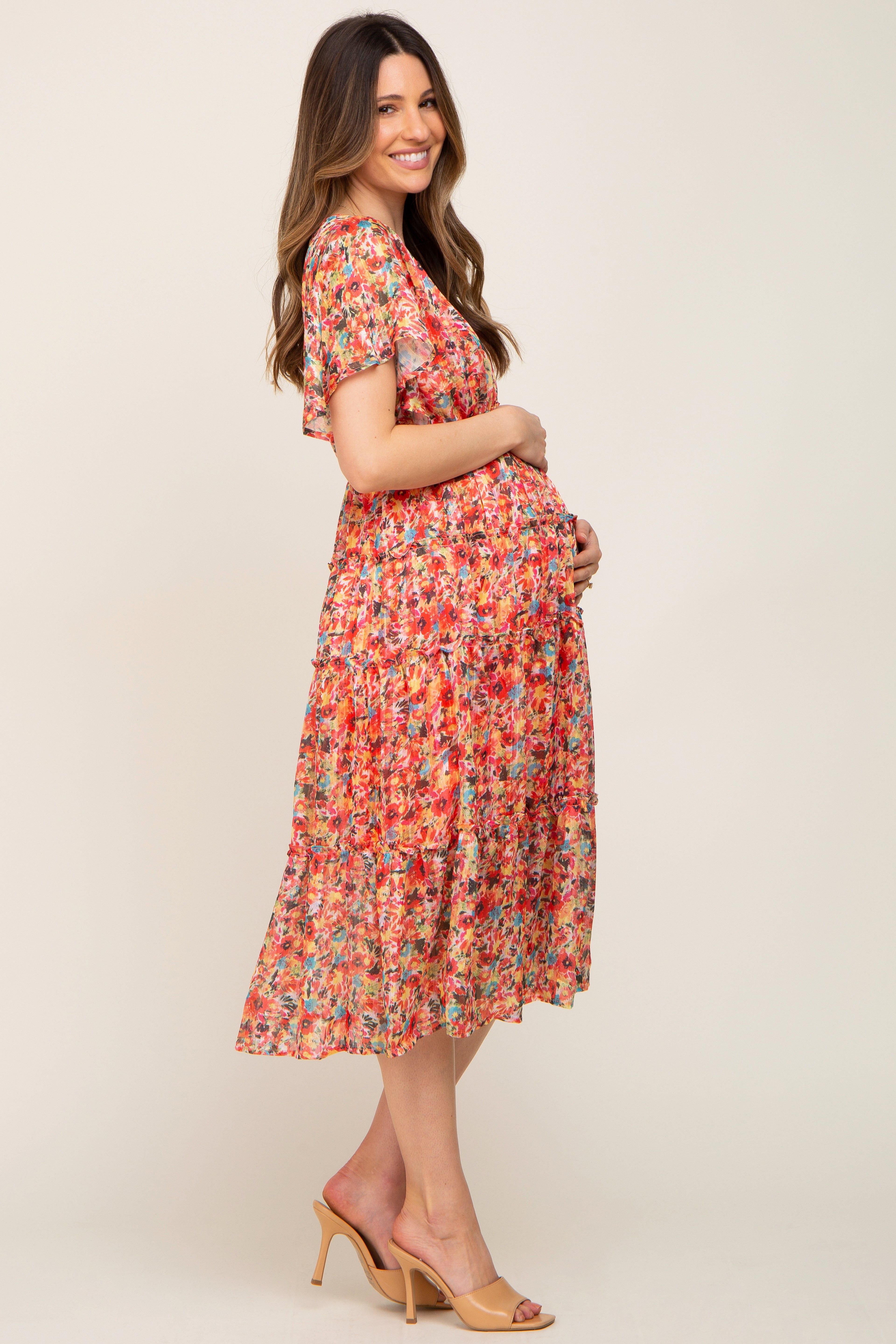 Orange Metallic Striped Chiffon Ruffle Tiered Maternity Midi Dress sold by Pinkblush product image thumbnail 3