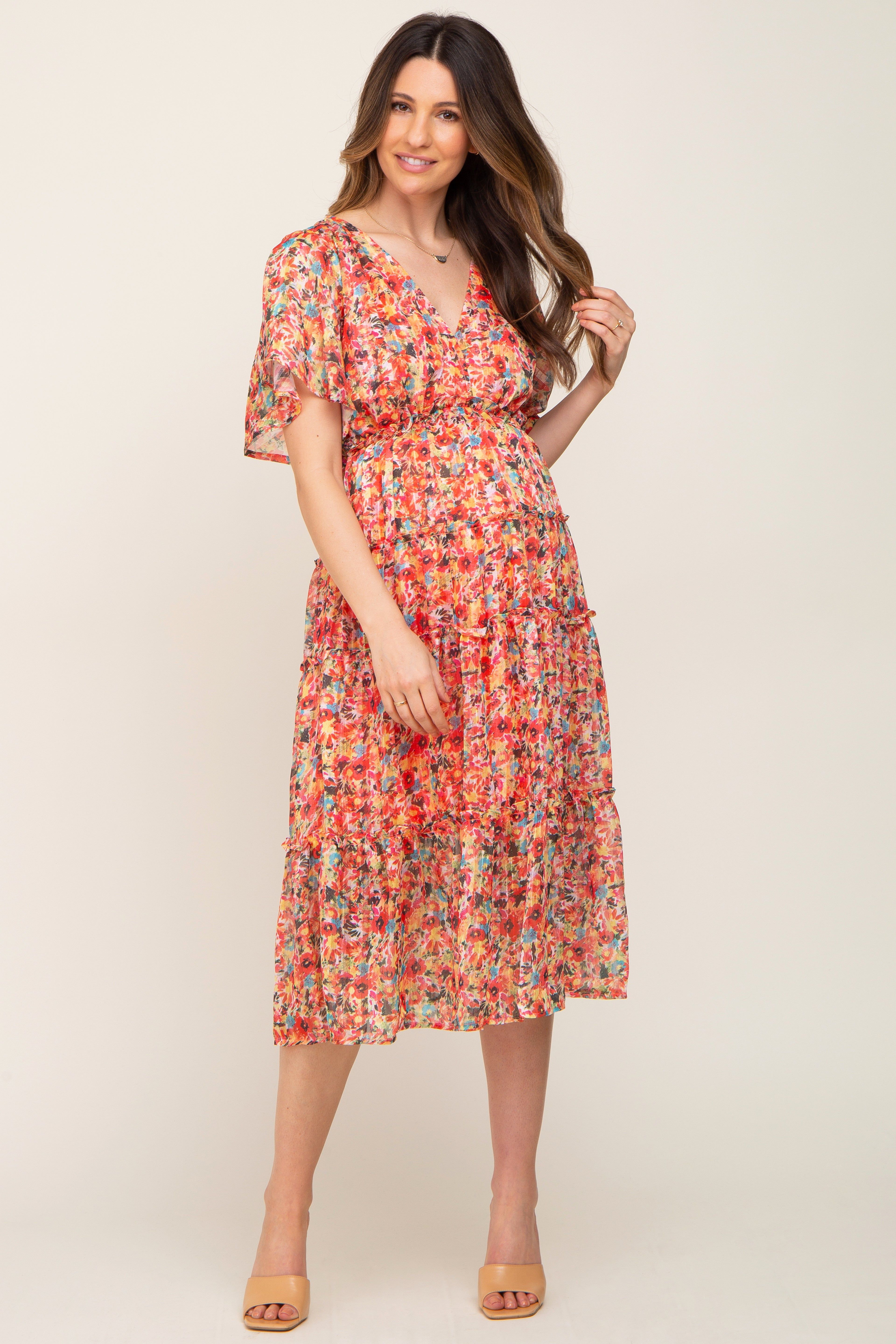 Orange Metallic Striped Chiffon Ruffle Tiered Maternity Midi Dress sold by Pinkblush