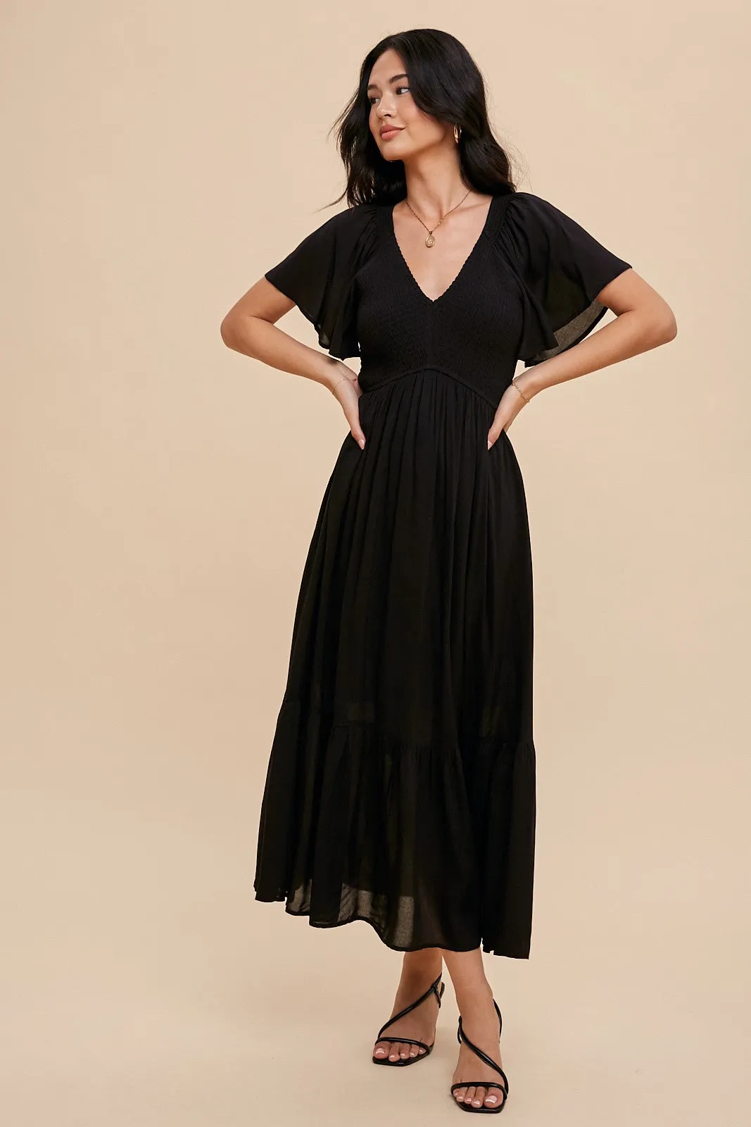 Black Smocked Flutter Sleeve Midi Dress sold by Pinkblush product image thumbnail 2