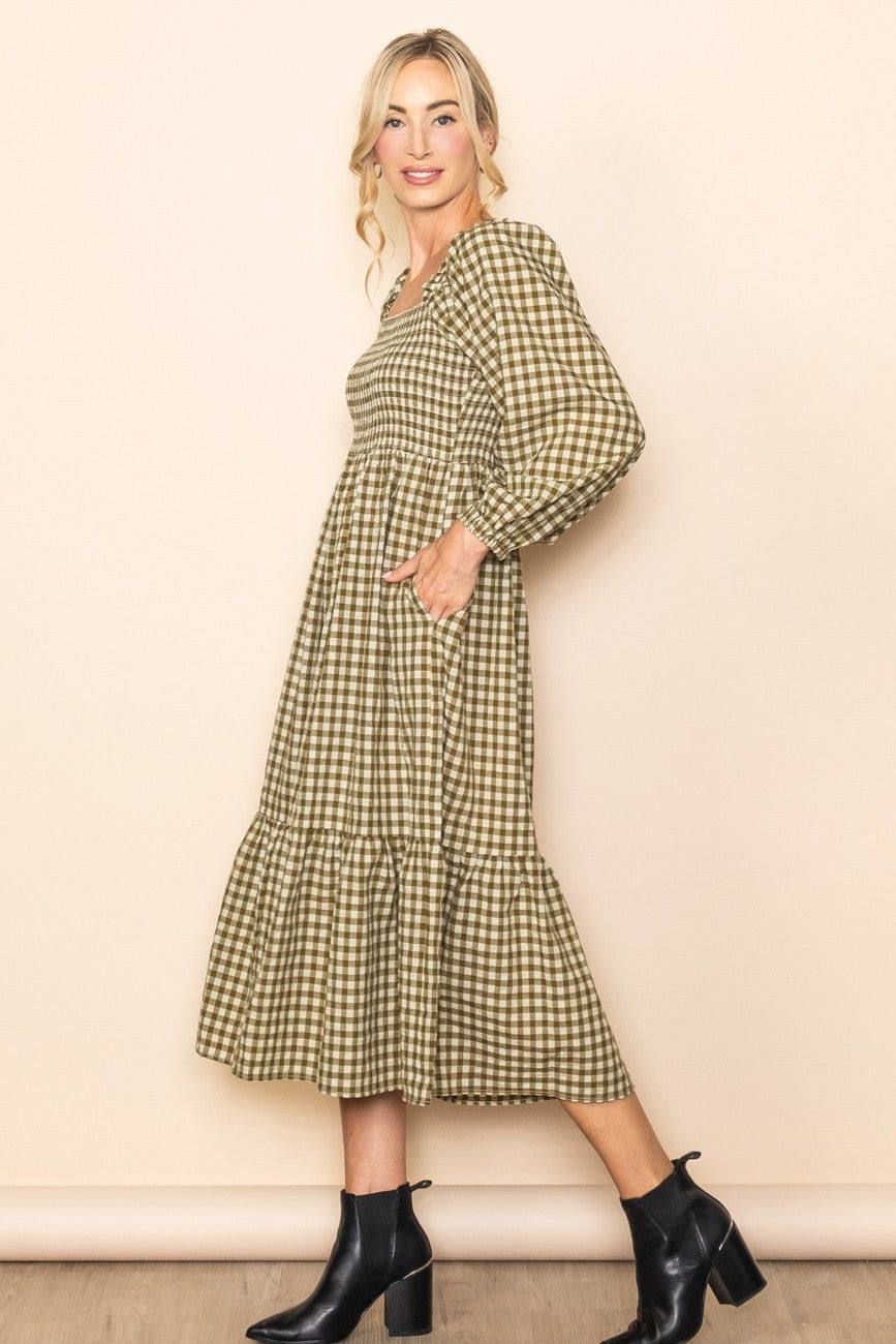 Olive Gingham Long Sleeve Midi Dress sold by Pinkblush product image thumbnail 2