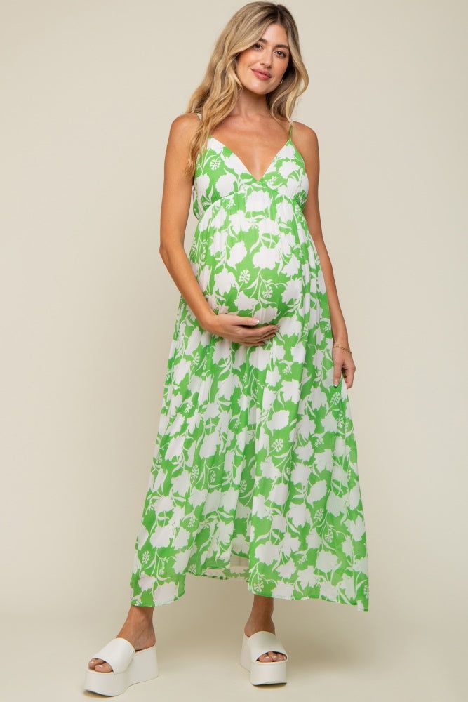 Green Floral Chiffon Deep V-Neck Sleeveless Maternity Maxi Dress sold by Pinkblush