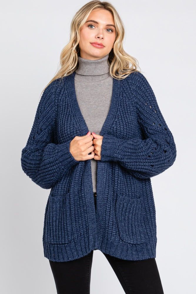 Navy Blue Chunky Knit Cardigan sold by Pinkblush