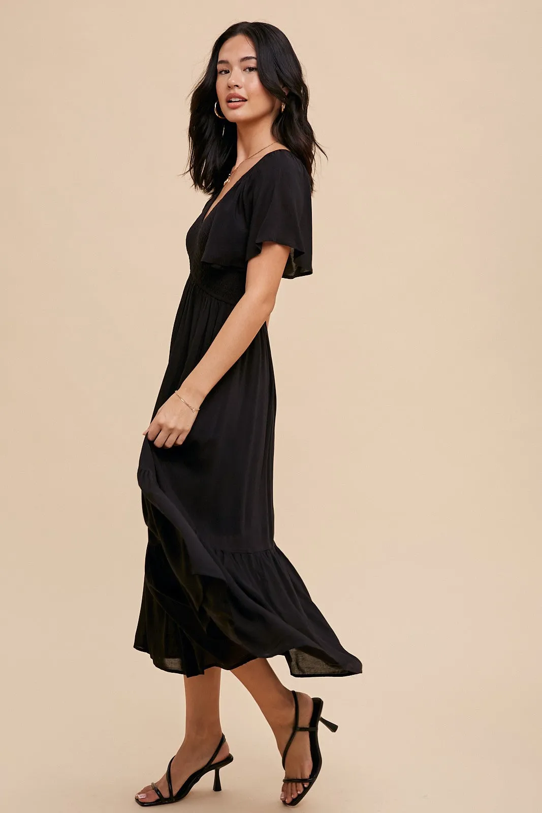 Black Smocked Flutter Sleeve Midi Dress sold by Pinkblush product image thumbnail 3