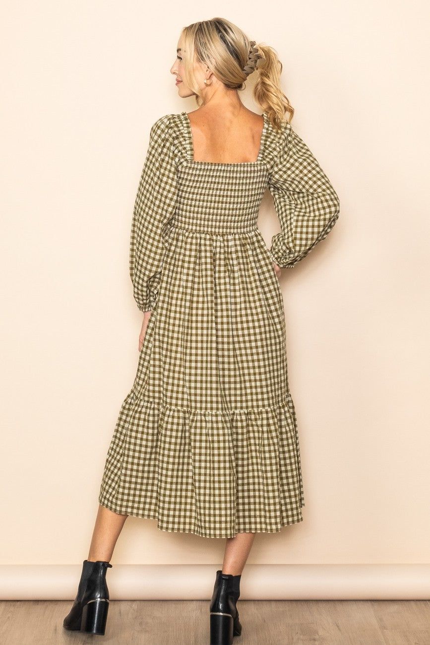 Olive Gingham Long Sleeve Midi Dress sold by Pinkblush product image thumbnail 3