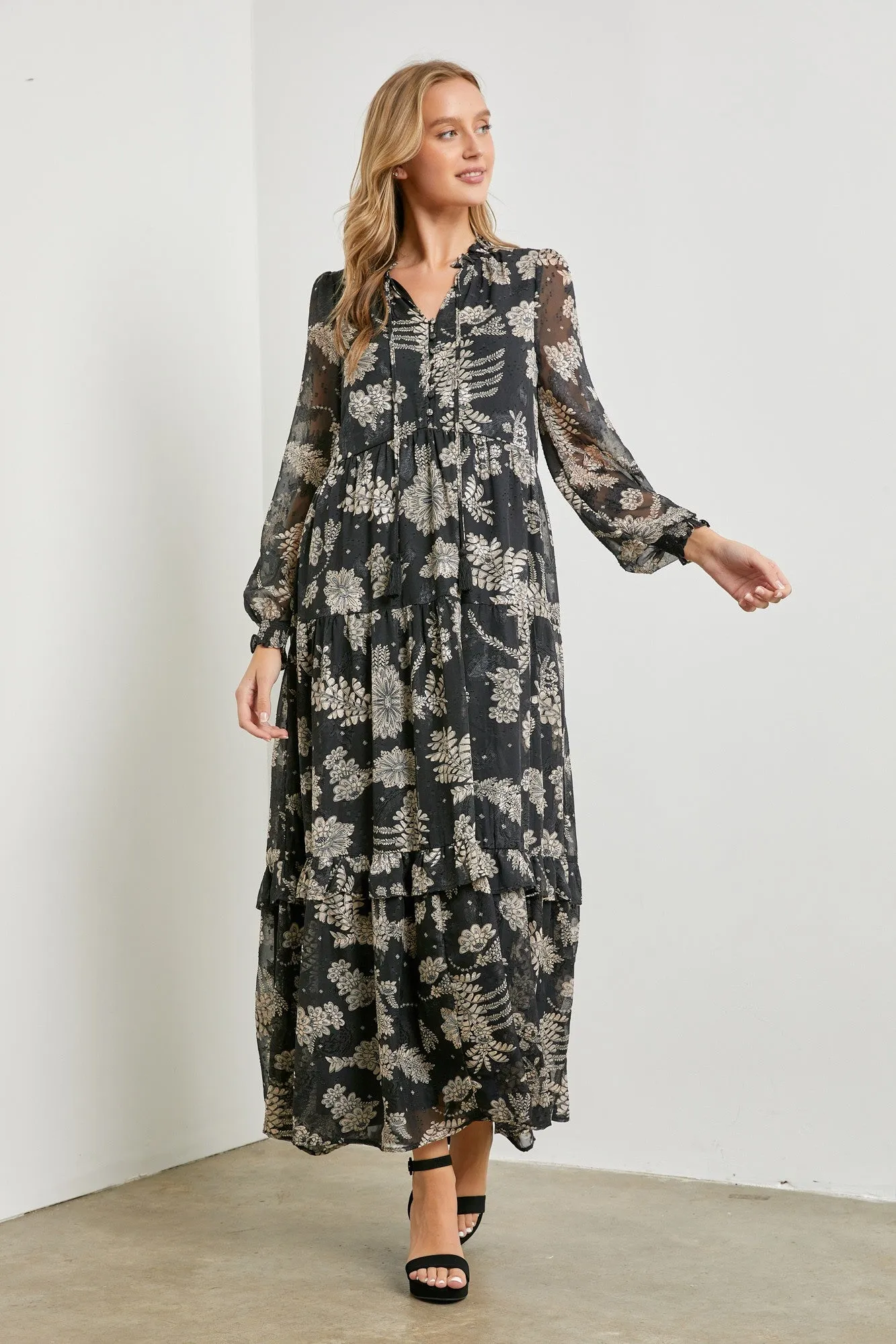 Black Floral Front Button Tiered Maternity Maxi Dress sold by Pinkblush product image thumbnail 5