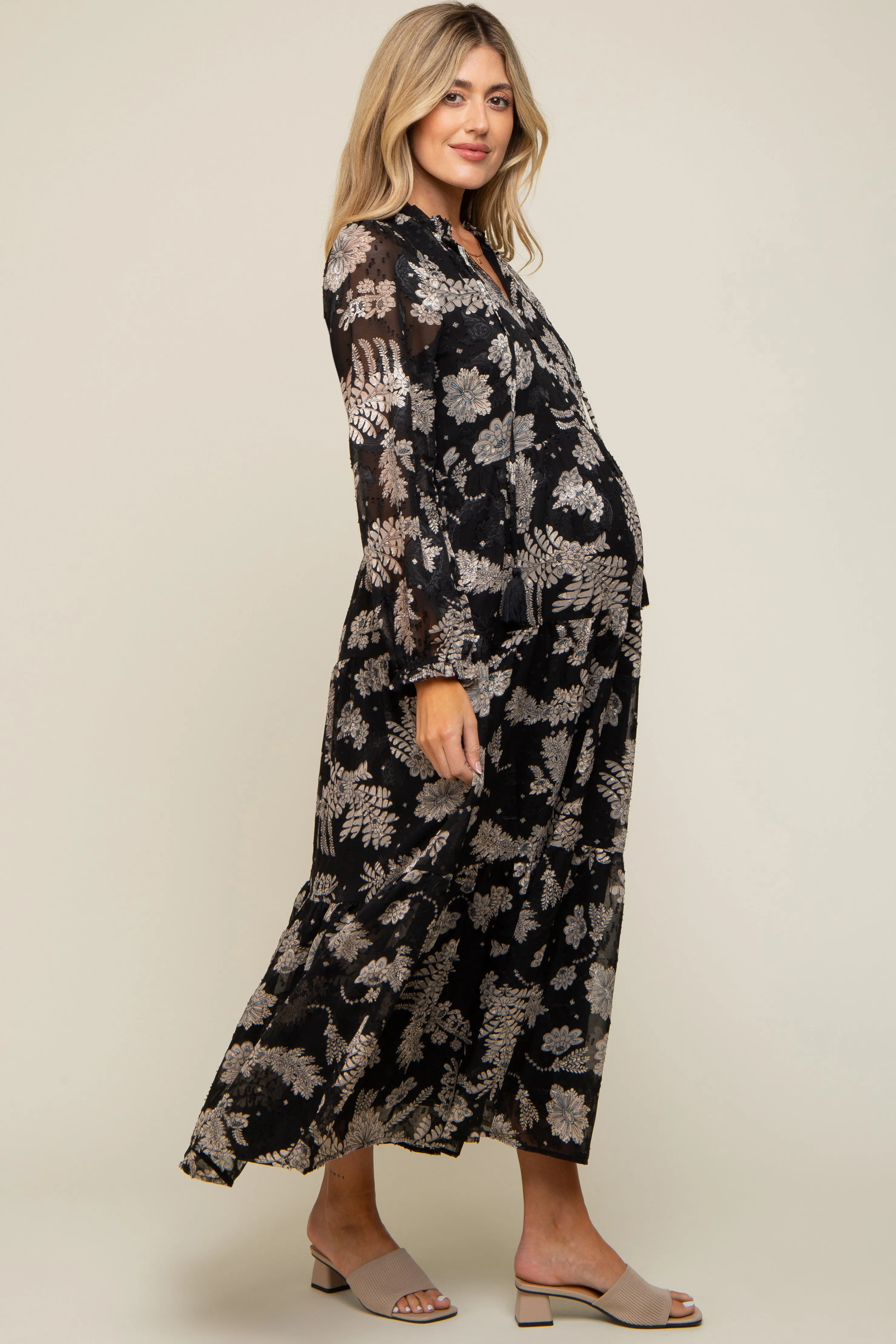 Black Floral Front Button Tiered Maternity Maxi Dress sold by Pinkblush product image thumbnail 2