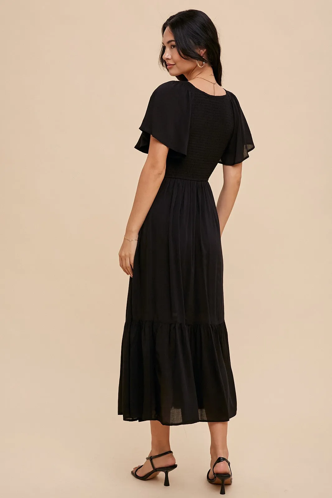 Black Smocked Flutter Sleeve Midi Dress sold by Pinkblush product image thumbnail 4