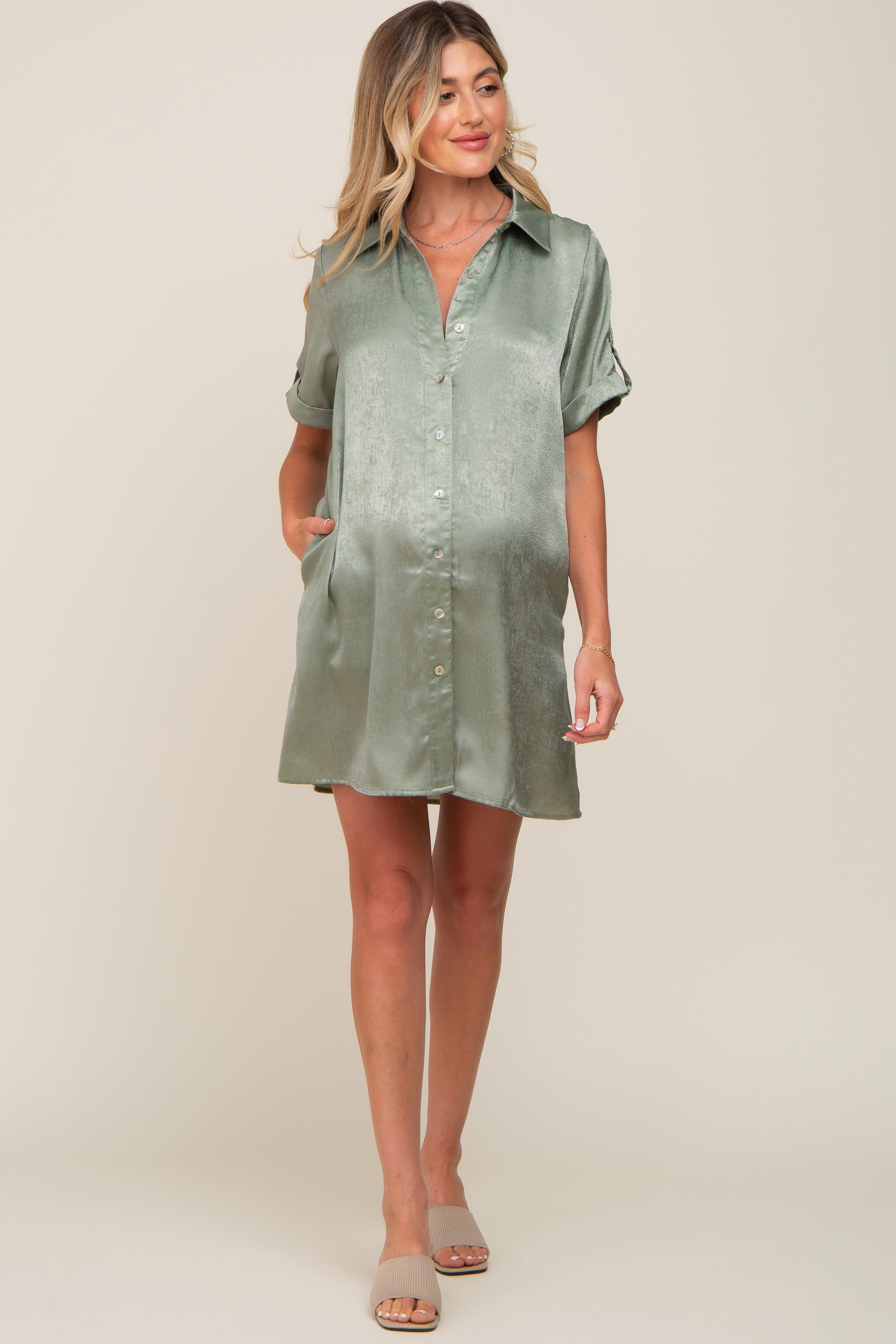 Light Olive Satin Button Front Short Sleeve Maternity Dress sold by Pinkblush product image thumbnail 4