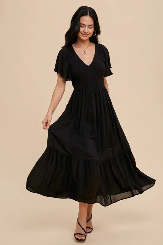 Black Smocked Flutter Sleeve Midi Dress sold by Pinkblush
