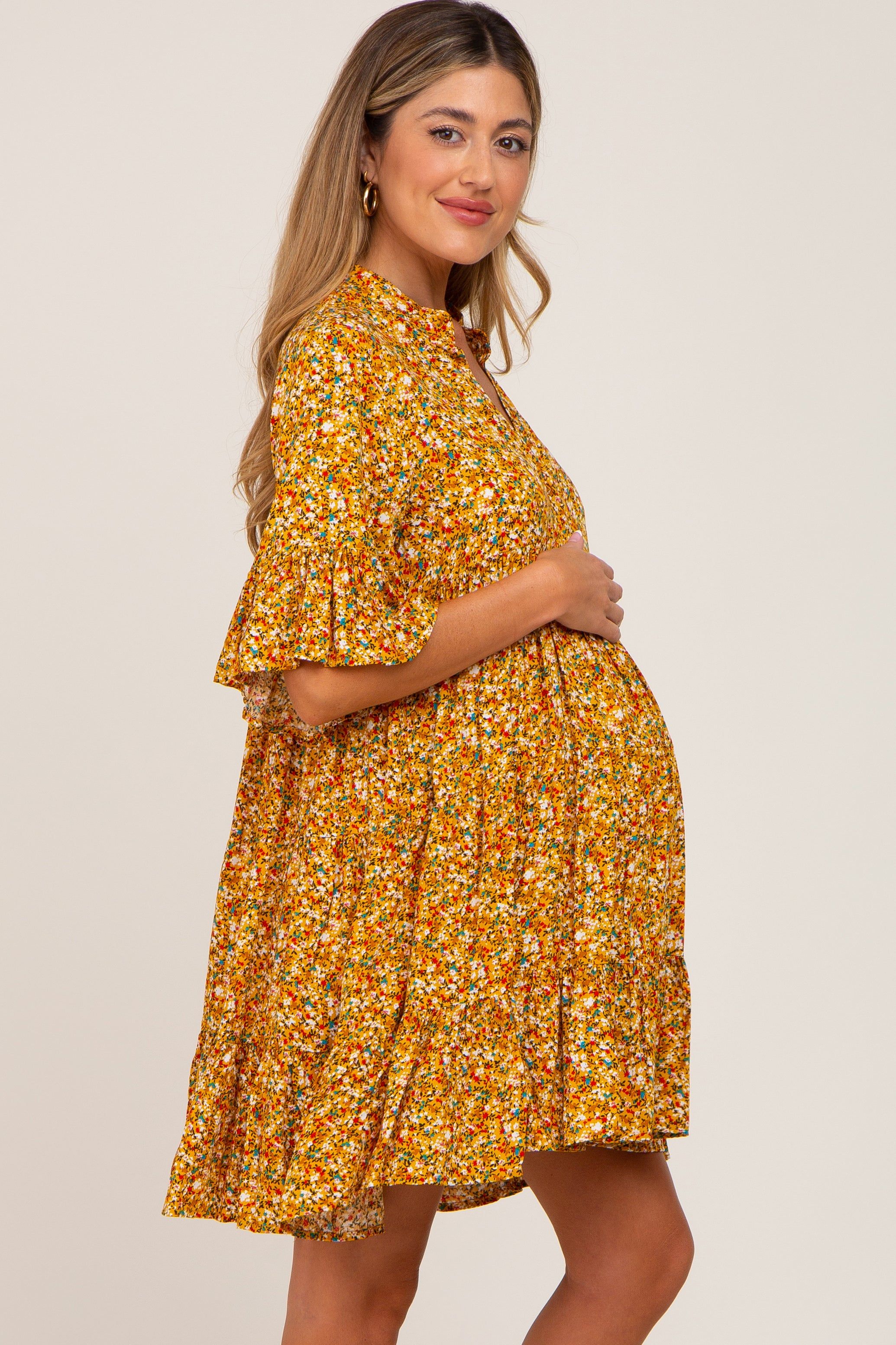 Yellow Floral Ruffle Sleeve Tiered Maternity Dress sold by Pinkblush product image thumbnail 2