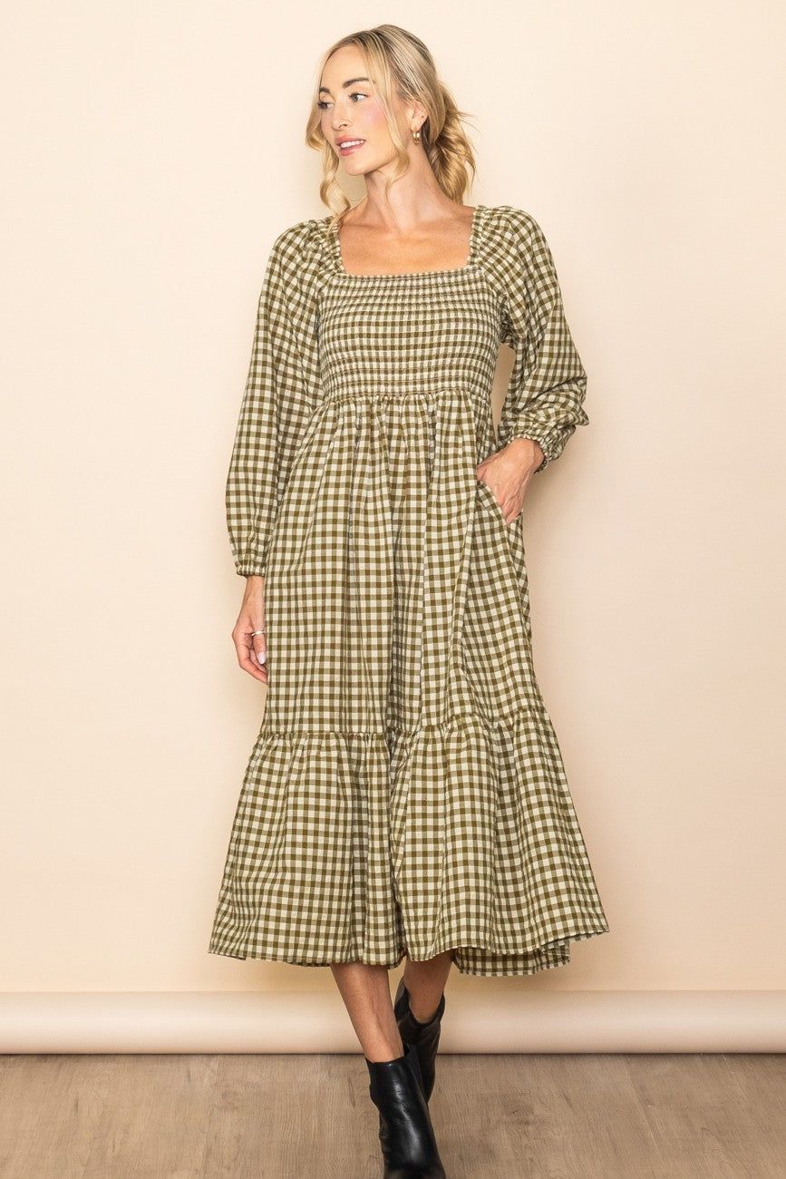 Olive Gingham Long Sleeve Midi Dress sold by Pinkblush product image thumbnail 4