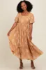Camel Floral Print Ruffle Hem Maxi Dress sold by Pinkblush