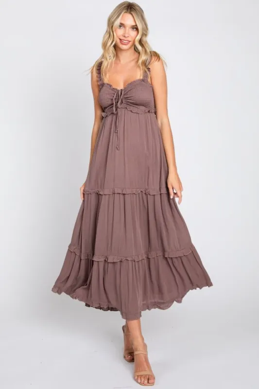 Mocha Ruffle Accent Midi Dress sold by Pinkblush