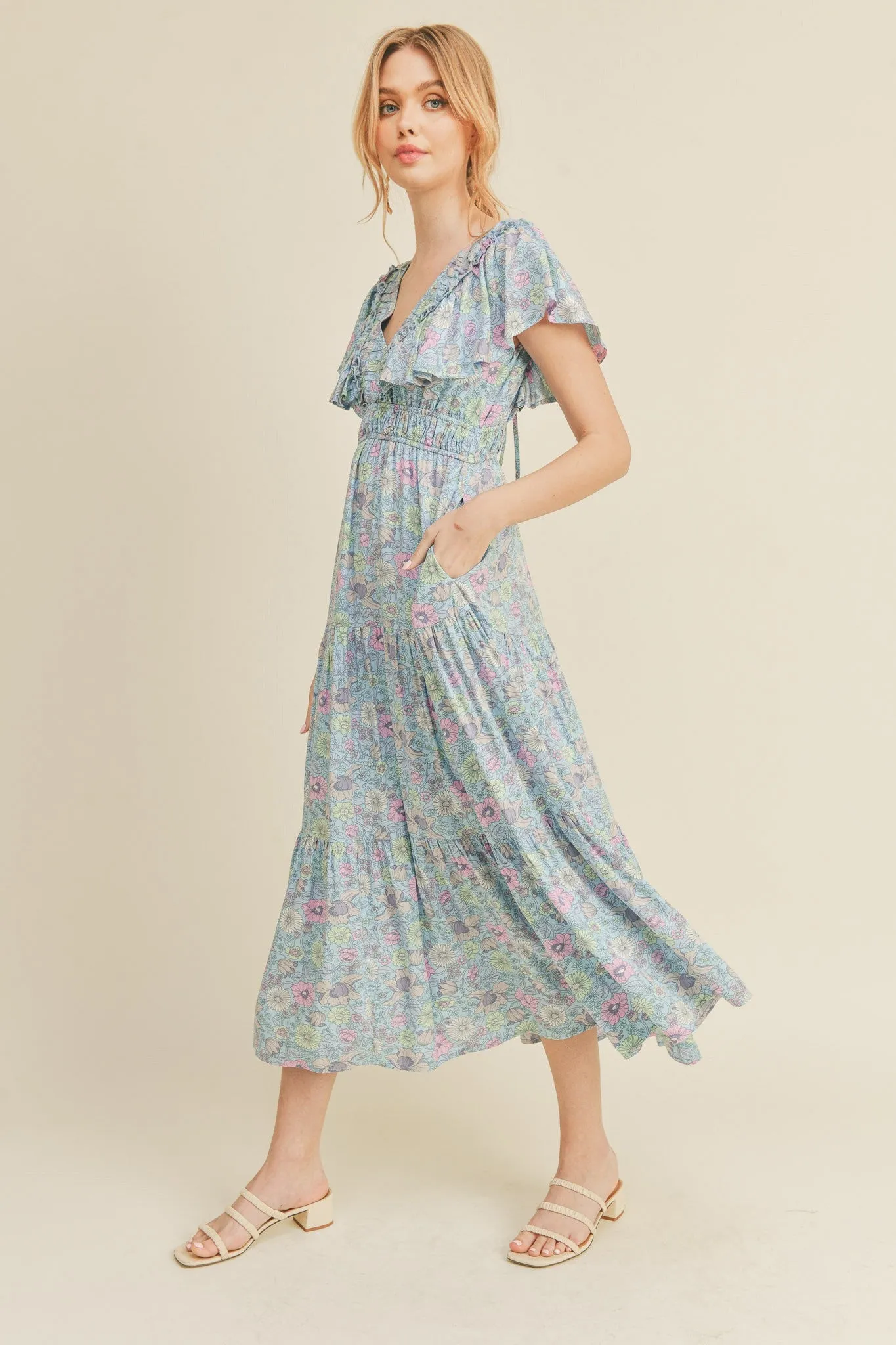 Sky Blue Floral Tiered Floral Midi Dress sold by Pinkblush product image thumbnail 2