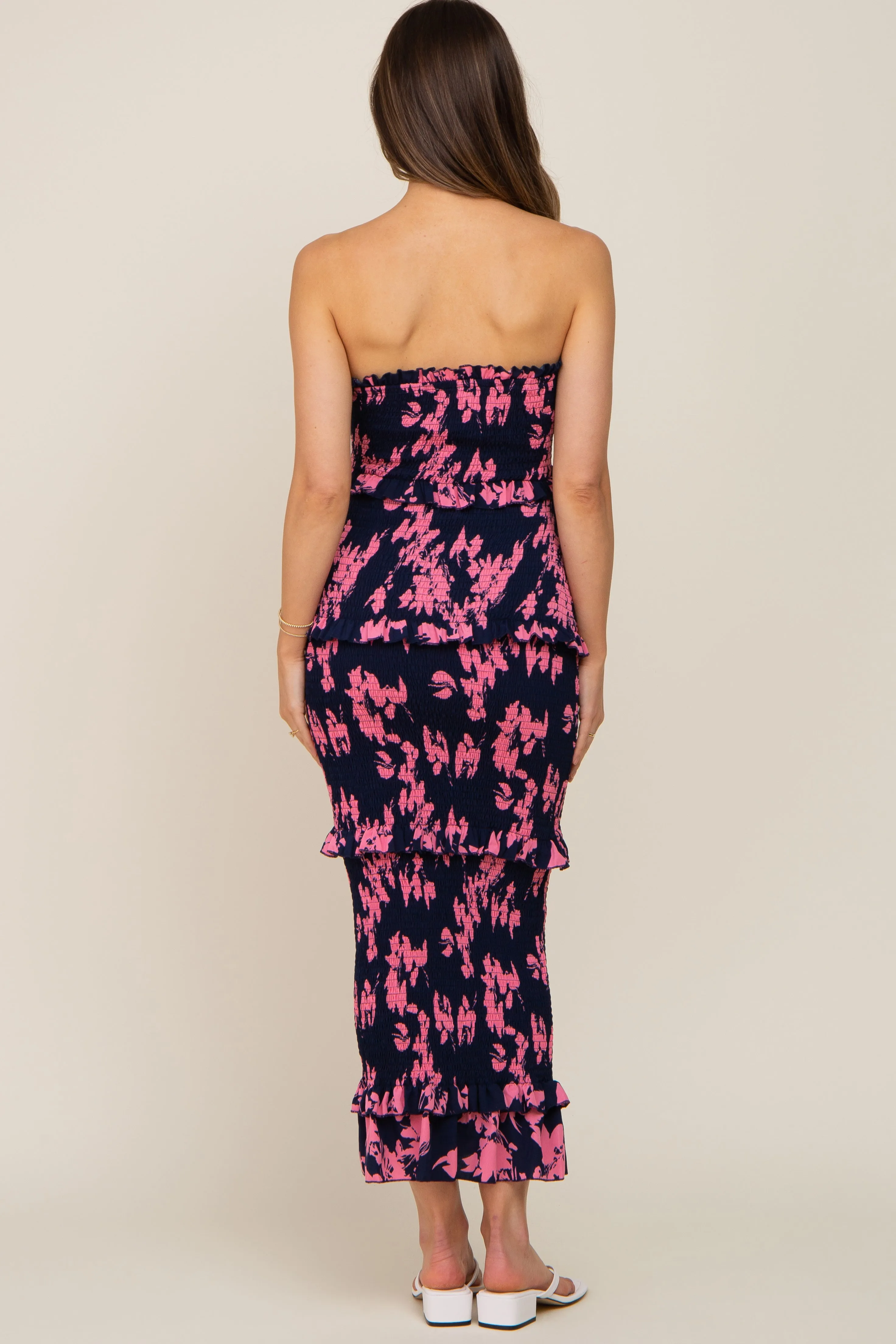 Navy Blue Floral Smocked Drawstring Front Cutout Ruffle Trim Maternity Midi Dress sold by Pinkblush product image thumbnail 4