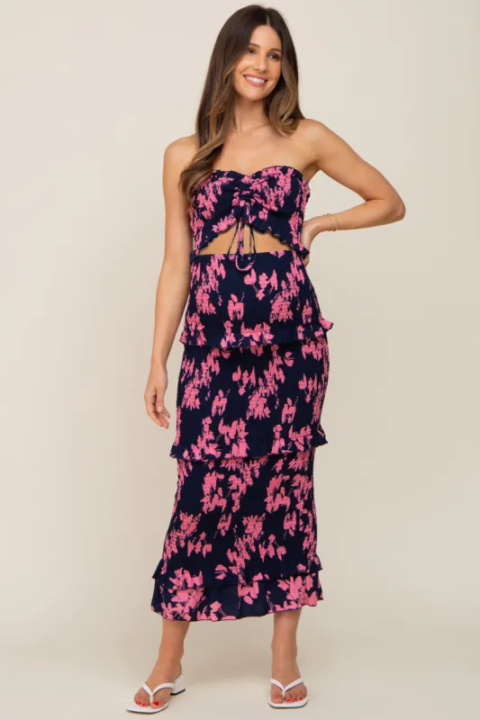 Navy Blue Floral Smocked Drawstring Front Cutout Ruffle Trim Maternity Midi Dress sold by Pinkblush