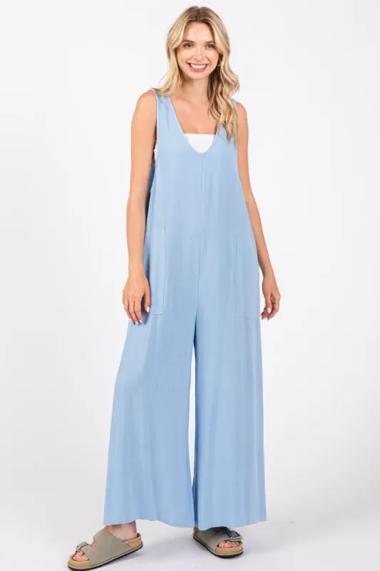 Light Blue V-Neck Wide Leg Jumpsuit sold by Pinkblush