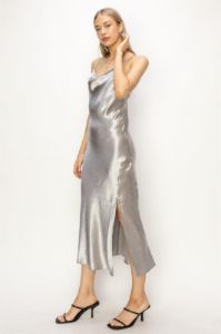Gray Satin Cowl Neck Midi Dress sold by Pinkblush