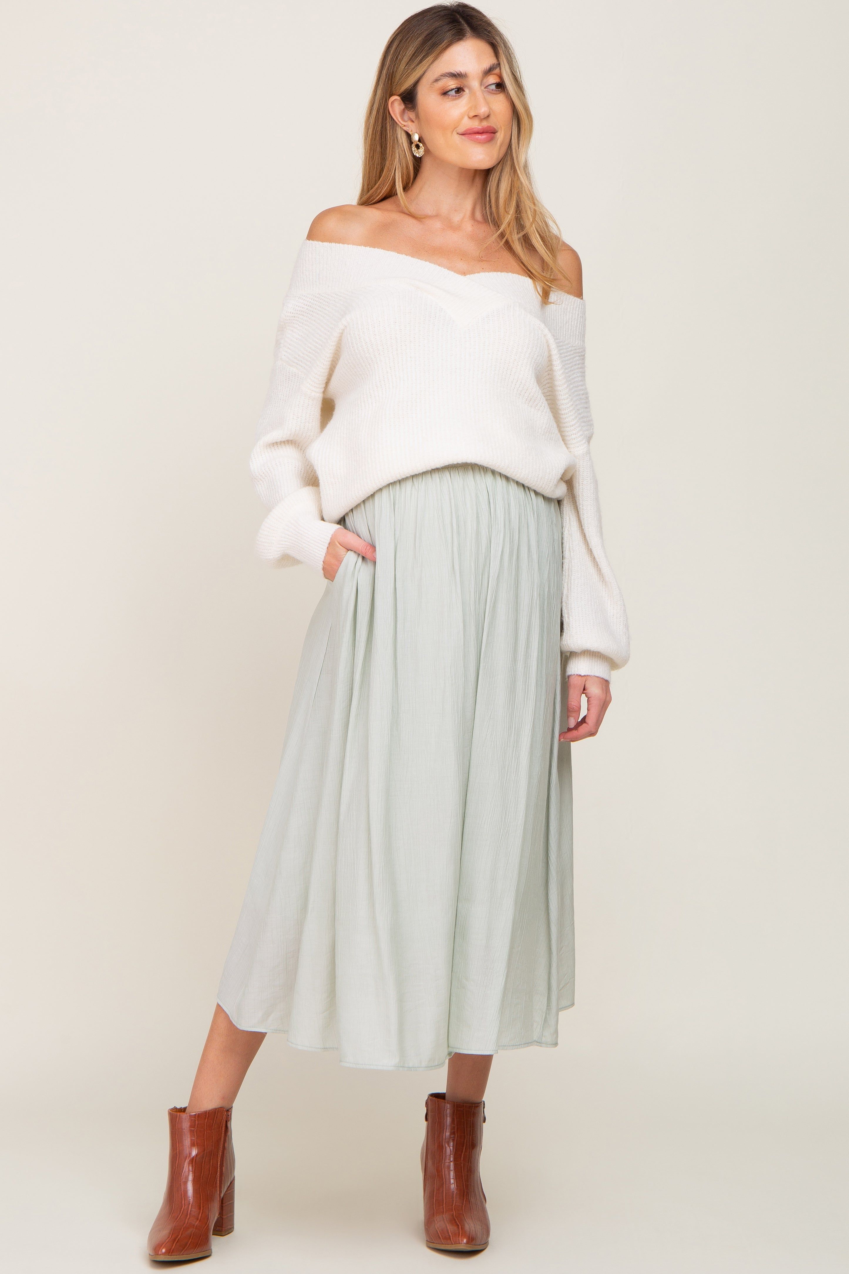 Mint Green Gathered Maternity Midi Skirt sold by Pinkblush product image thumbnail 7