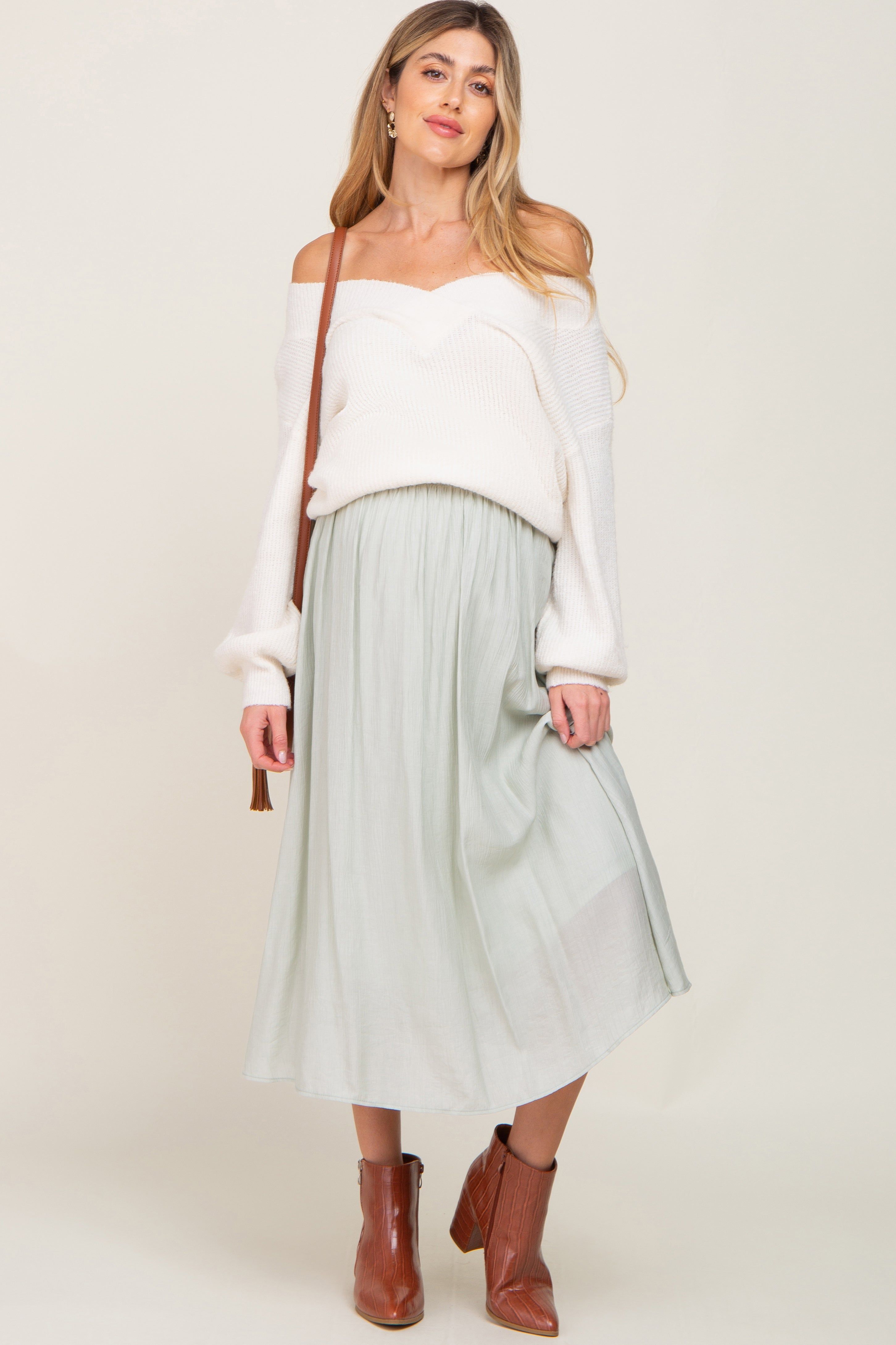 Mint Green Gathered Maternity Midi Skirt sold by Pinkblush